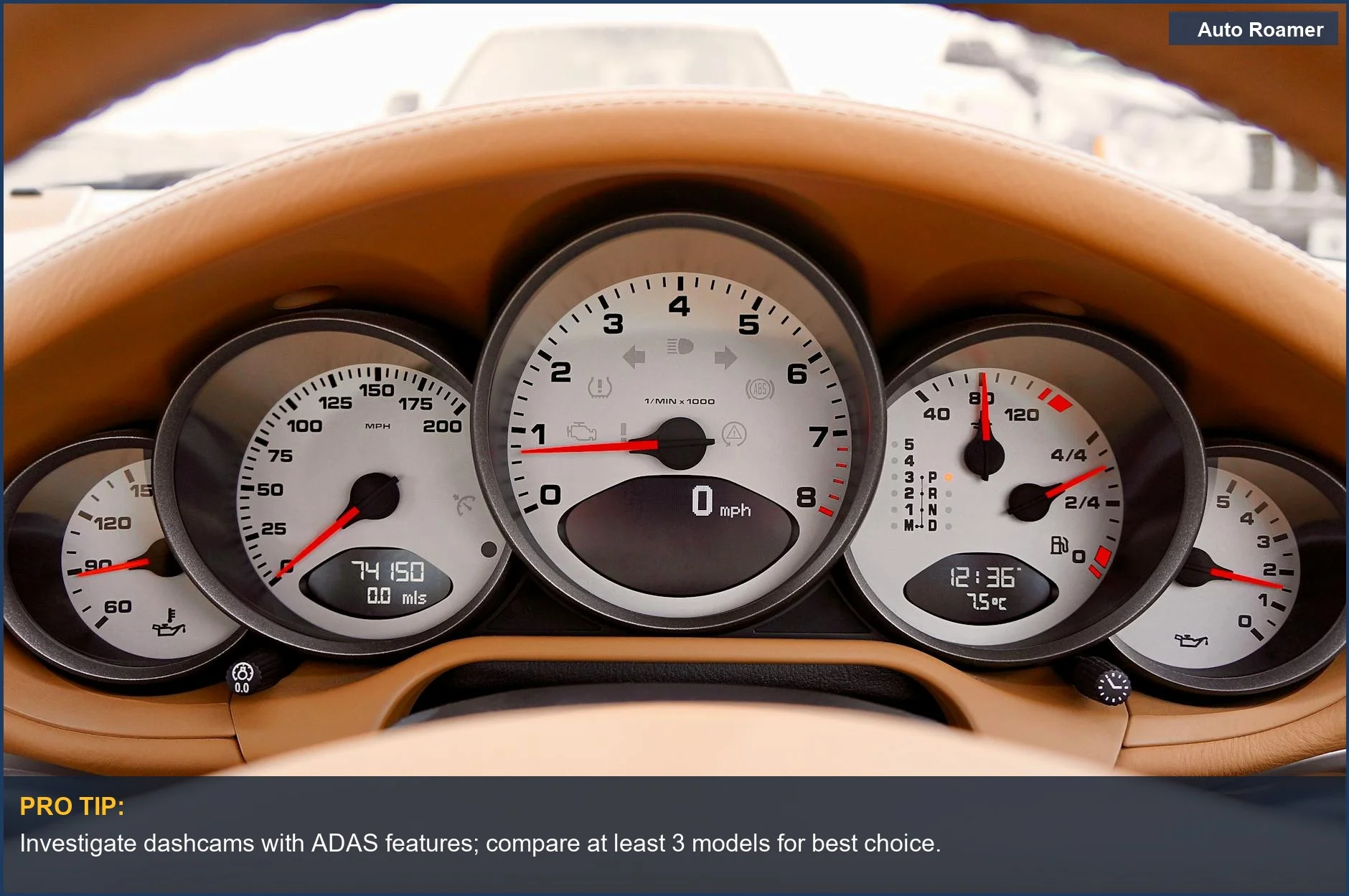 Car dashboard showing speedometer and odometer with ADAS features.