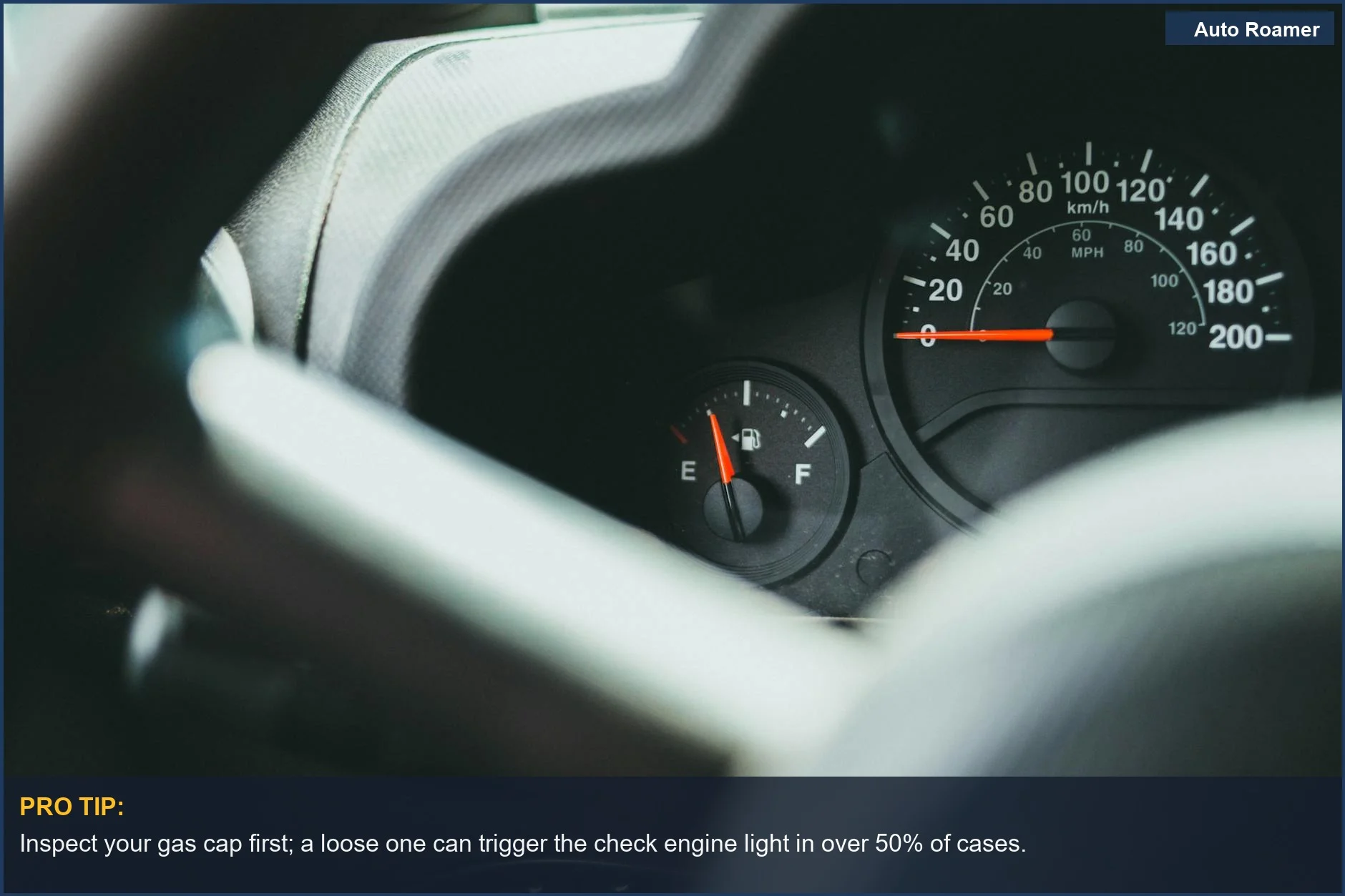 Close-up of a car dashboard showing the speedometer and fuel gauge, indicating the check engine light meaning.