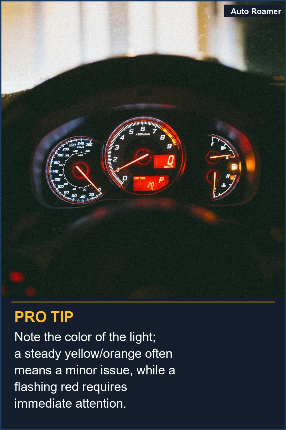 Note the color of the light; a steady yellow/orange often means a minor issue, while a flashing red requires immediate attention.