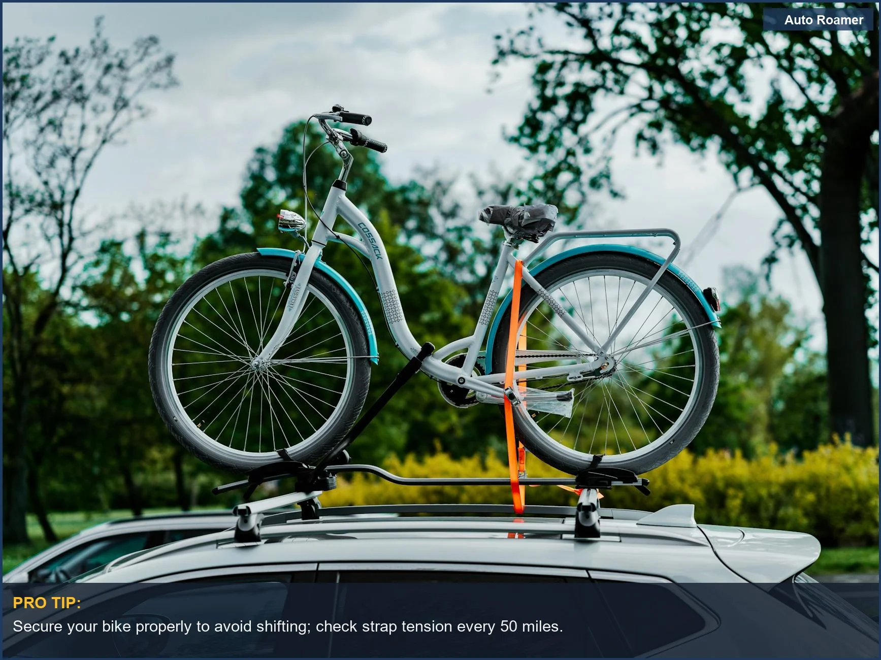 Hyundai Santa Fe roof rack carrying a bicycle for outdoor adventures and travel.