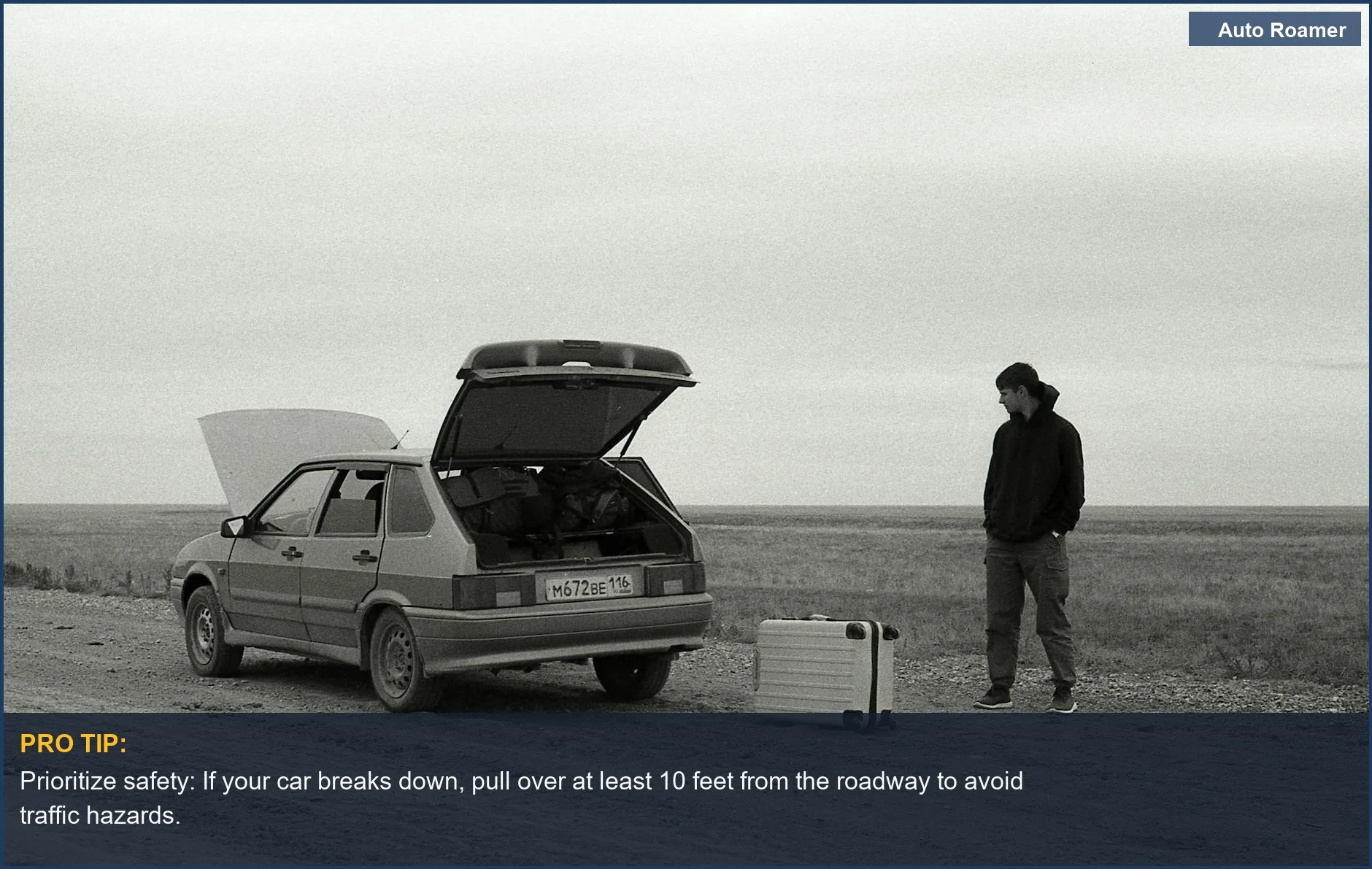 Man stranded with broken down car on remote dirt road, facing car camping breakdown challenges.