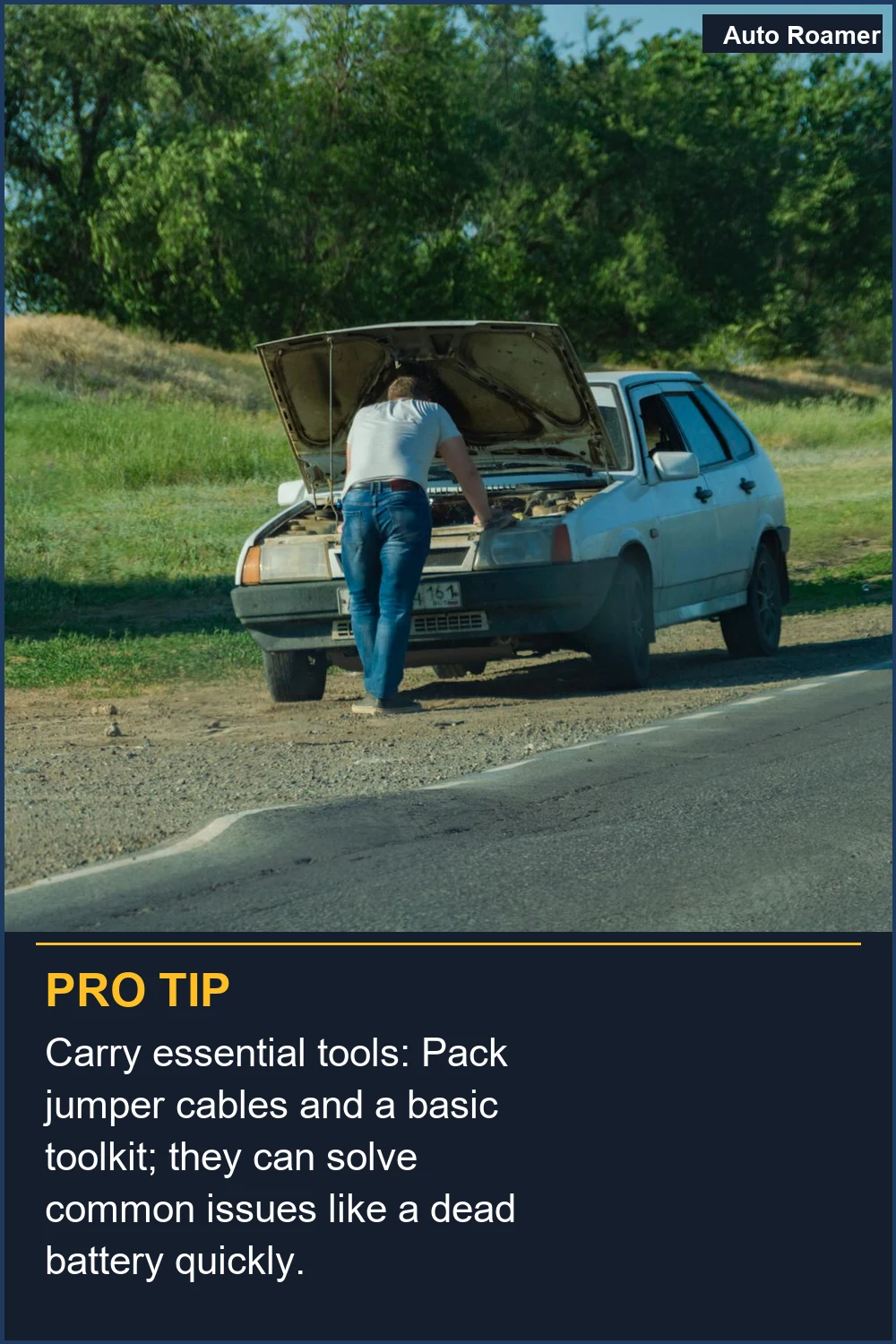 Carry essential tools: Pack jumper cables and a basic toolkit; they can solve common issues like a dead battery quickly.