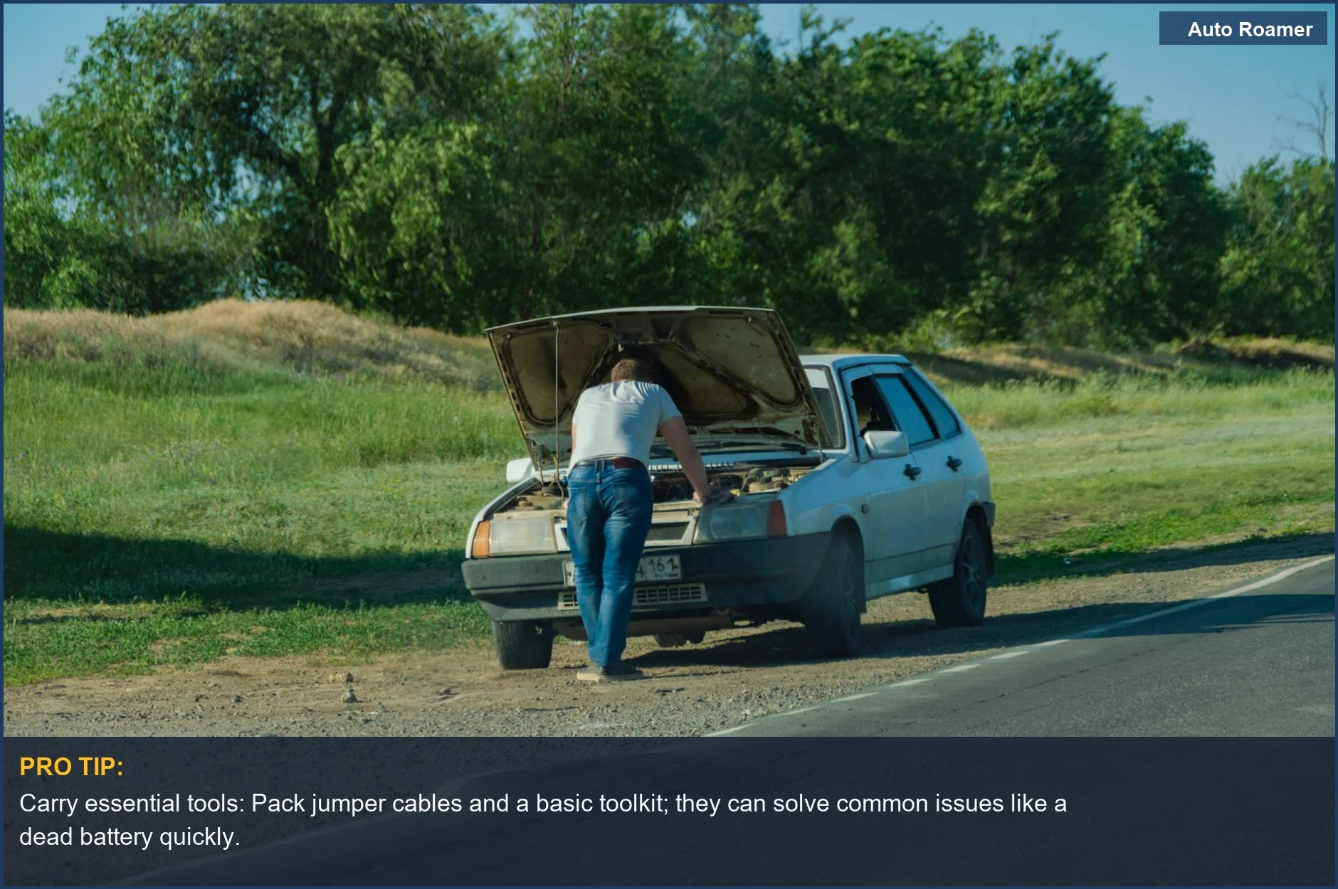 Man inspecting his car on roadside after a breakdown, a common car camping remote area concern.