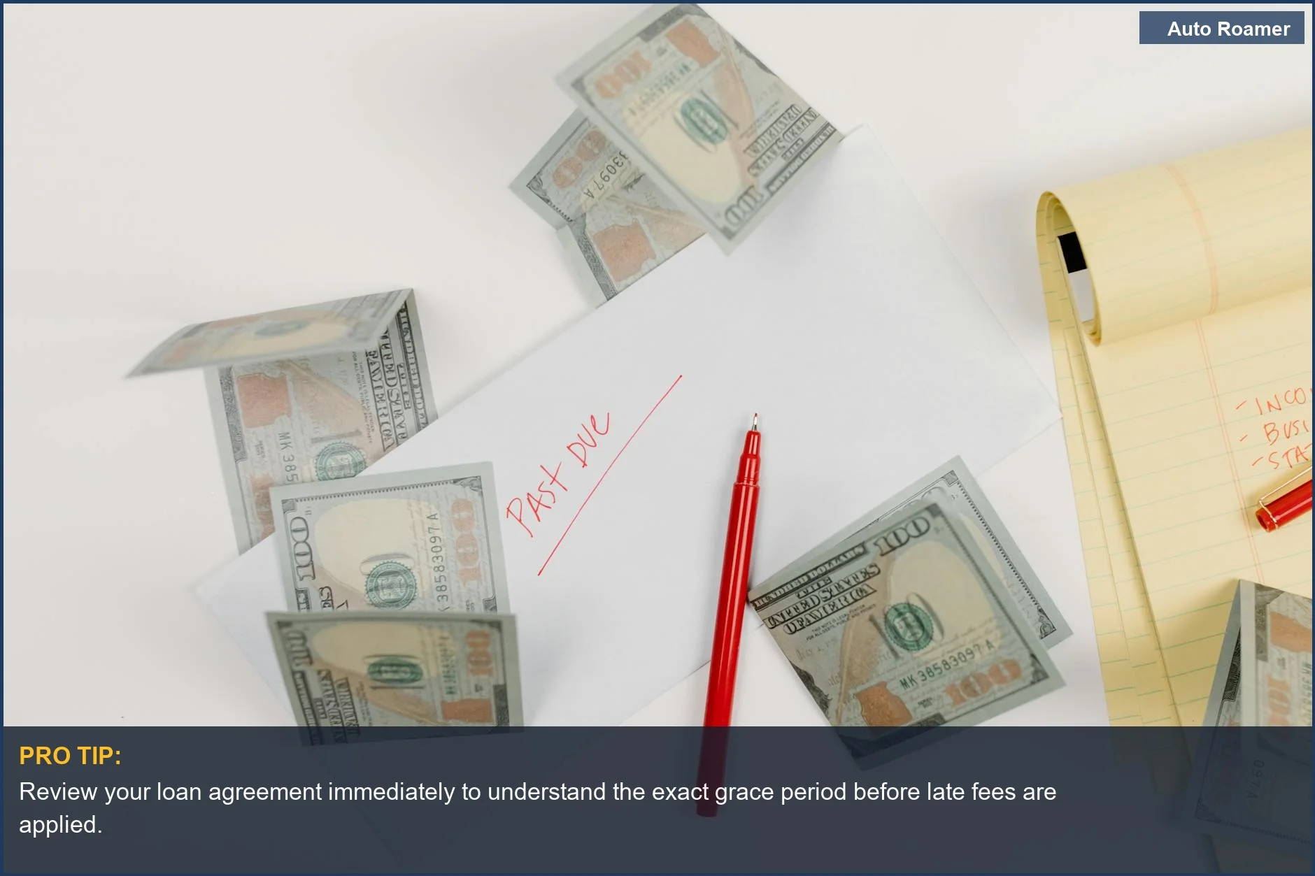 US dollar bills scattered with a 'past due' notice, highlighting the financial consequences of not paying your car loan.