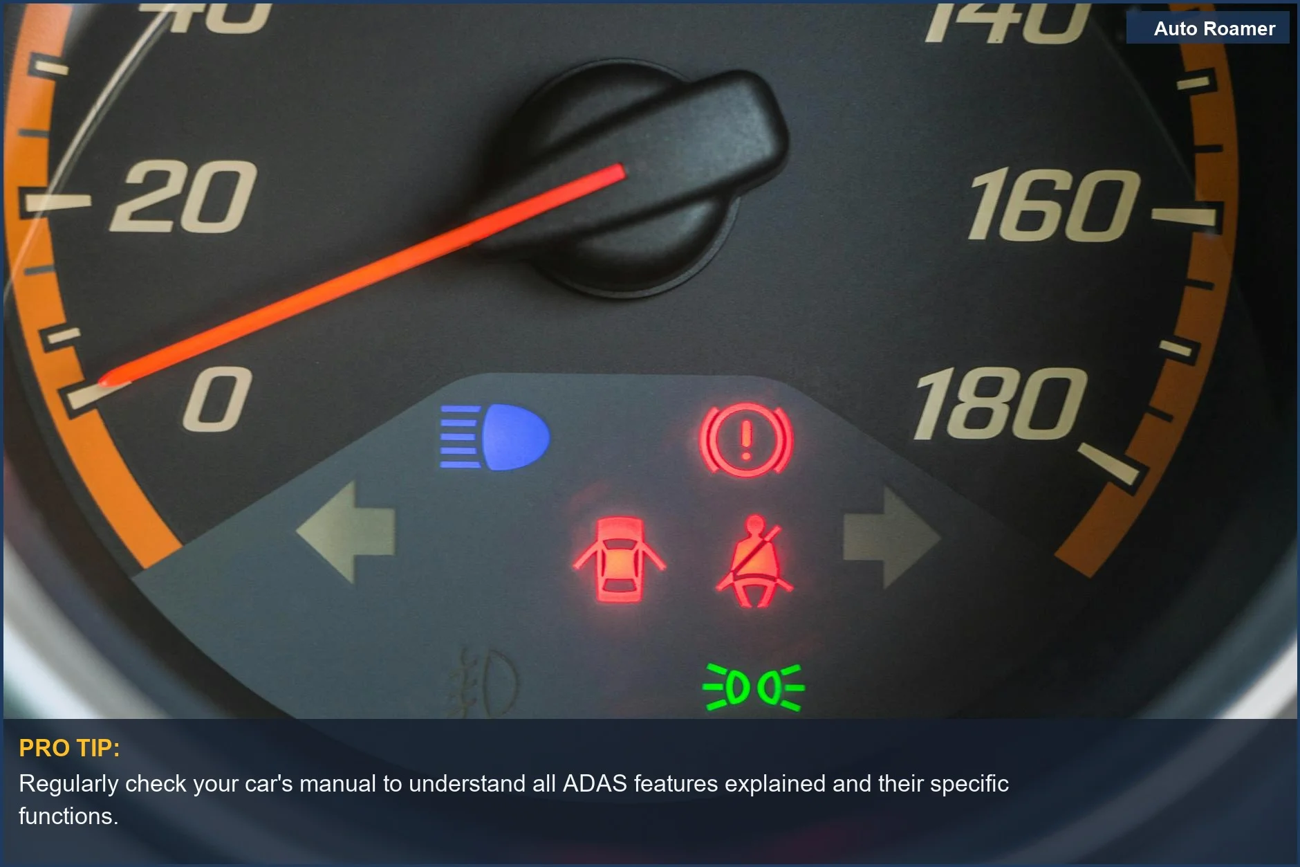 Close-up of car speedometer with illuminated warning lights, showing ADAS features explained.