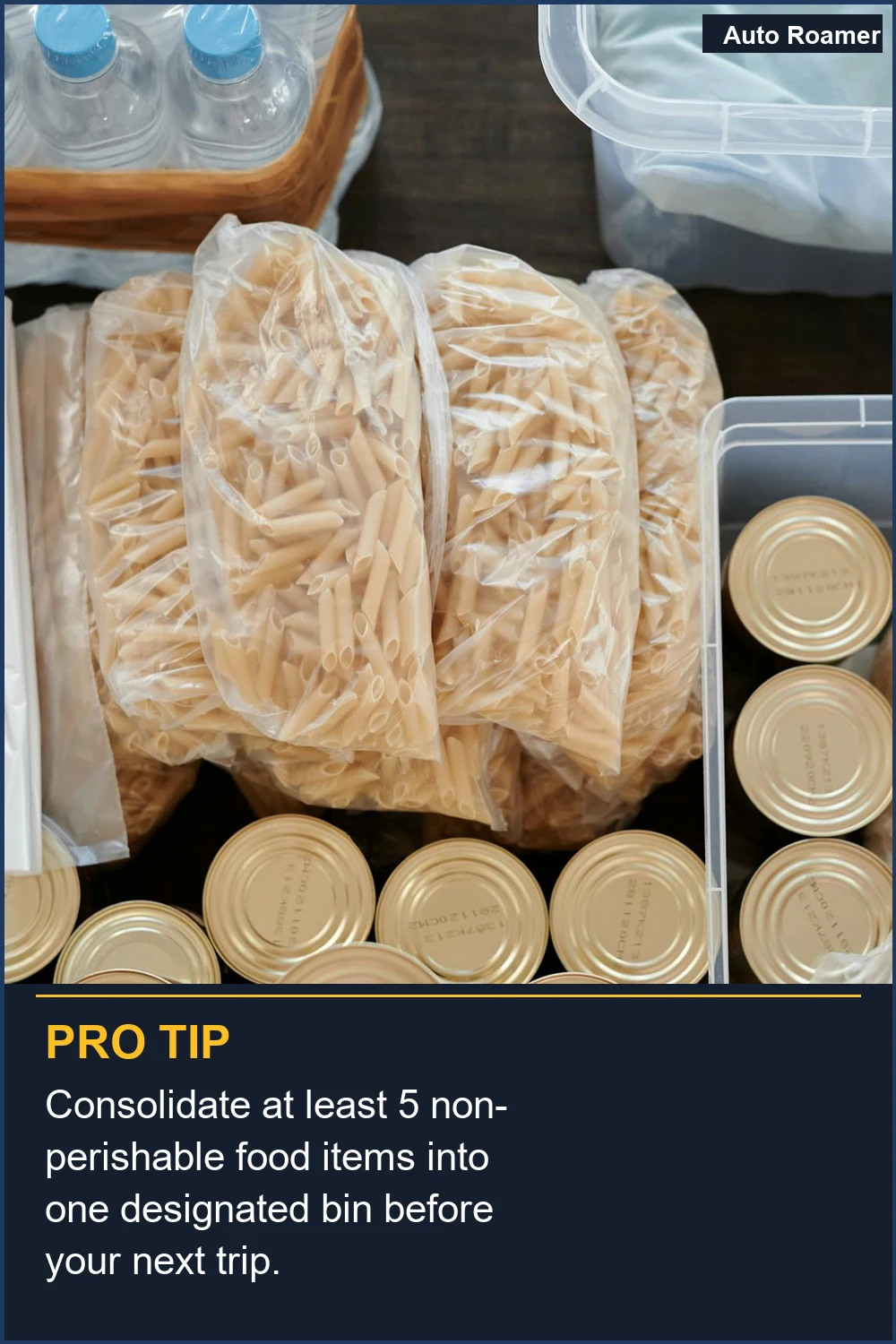 Consolidate at least 5 non-perishable food items into one designated bin before your next trip.