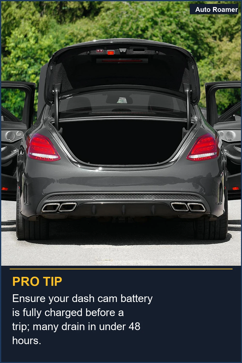Ensure your dash cam battery is fully charged before a trip; many drain in under 48 hours.