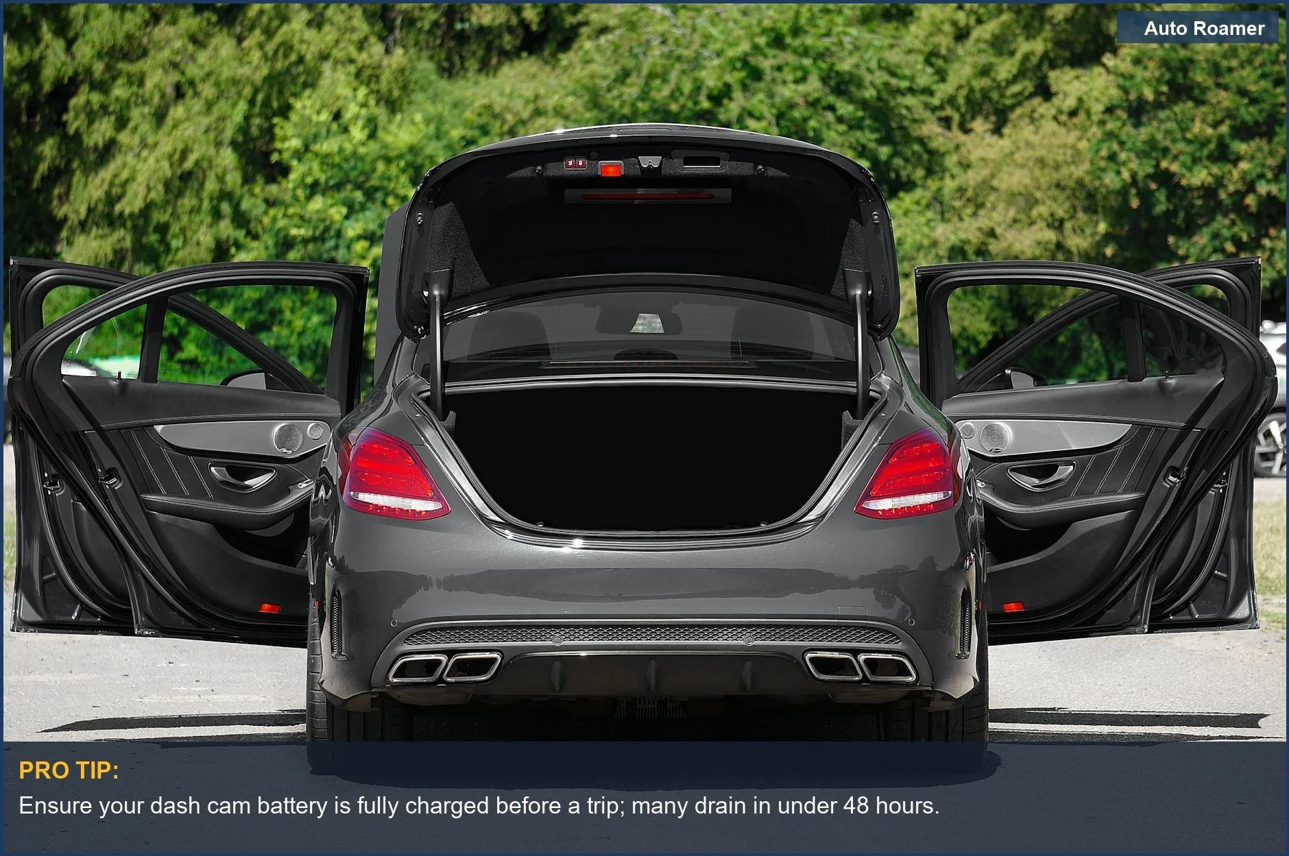 Elegant luxury car with all doors open, demonstrating the importance of dash cam battery drain considerations for parking mode.