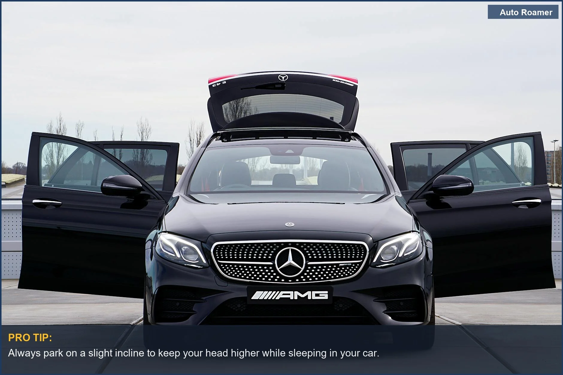 Luxury black Mercedes Benz with doors open, illustrating how dash cam parking mode monitors your vehicle.