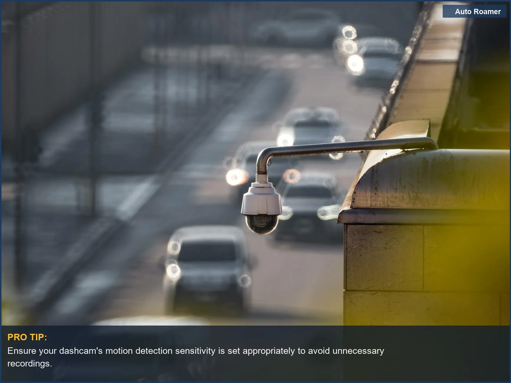 Security camera overlooks a busy street, illustrating how dashcam parking mode monitors your car when parked.