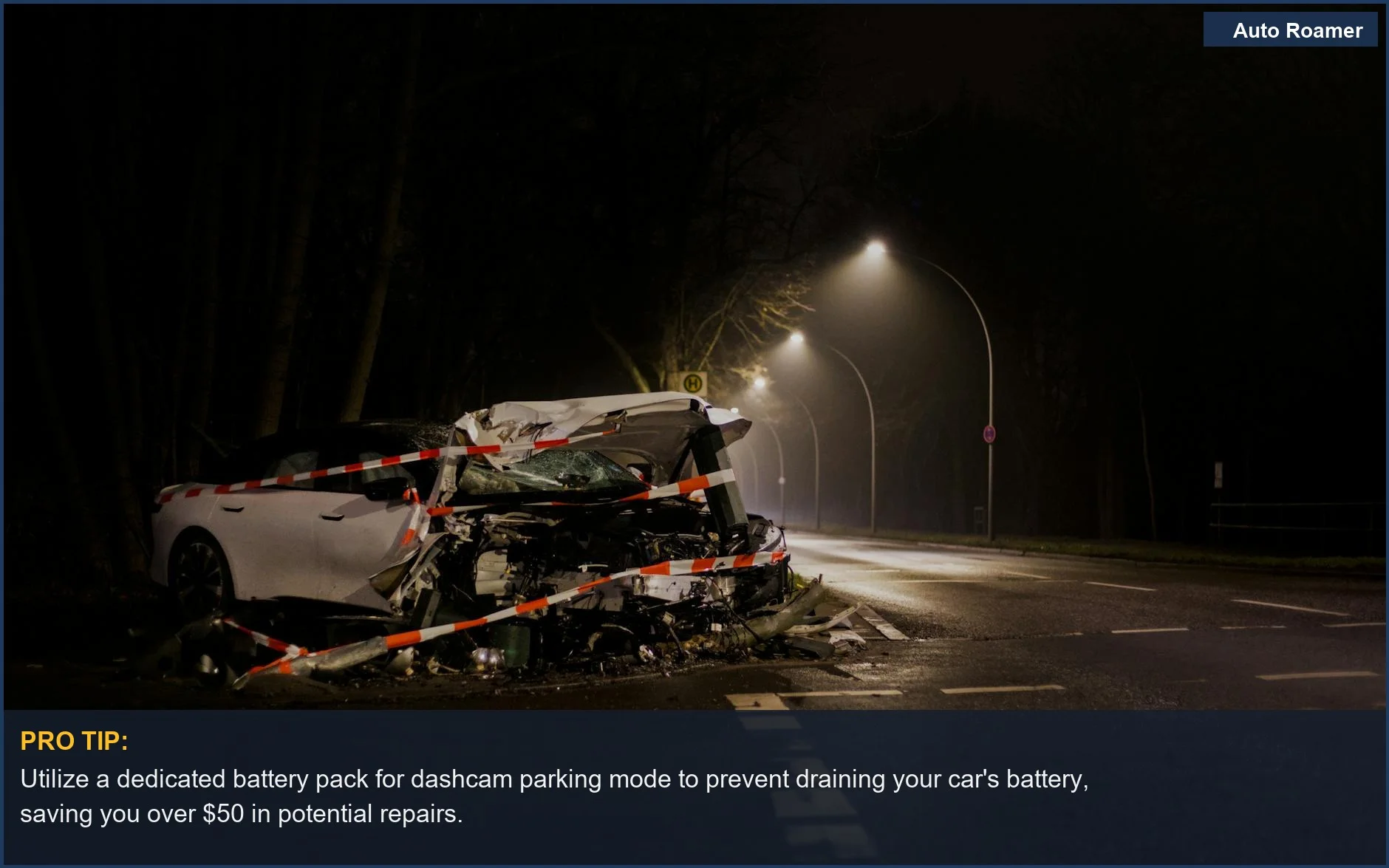 Wrecked car on a dark street, demonstrating the importance of proper power for dashcam parking mode to function effectively.