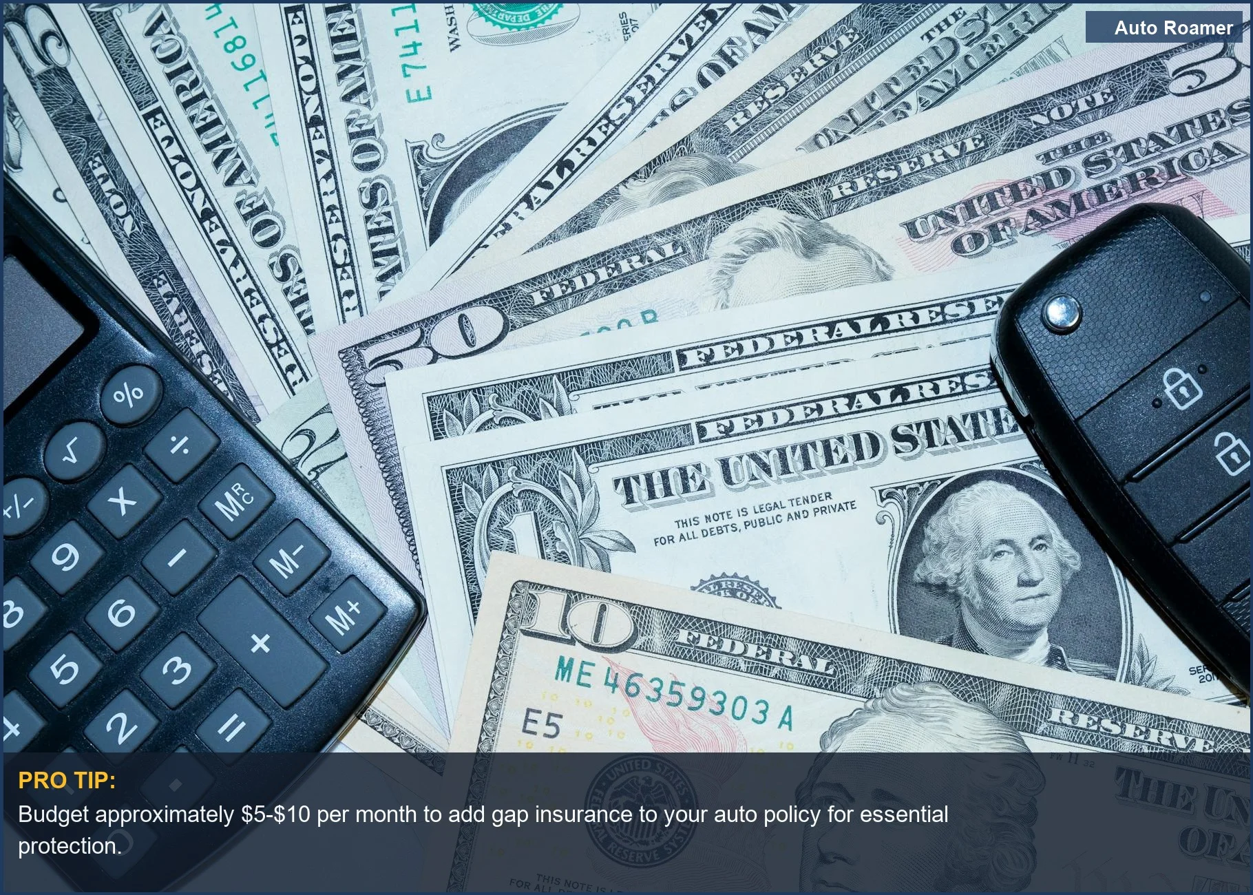 US dollars, calculator, and car keys signify financial planning for car insurance and investment decisions.