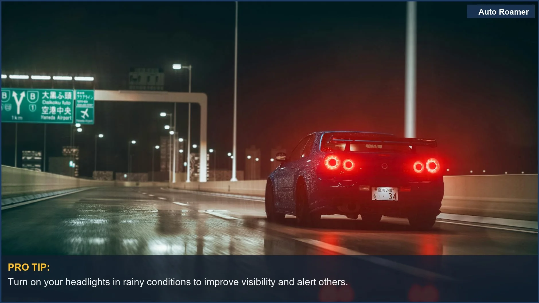 Car navigating a wet expressway in Japan at night, highlighting hydroplaning dangers with illuminated signs.