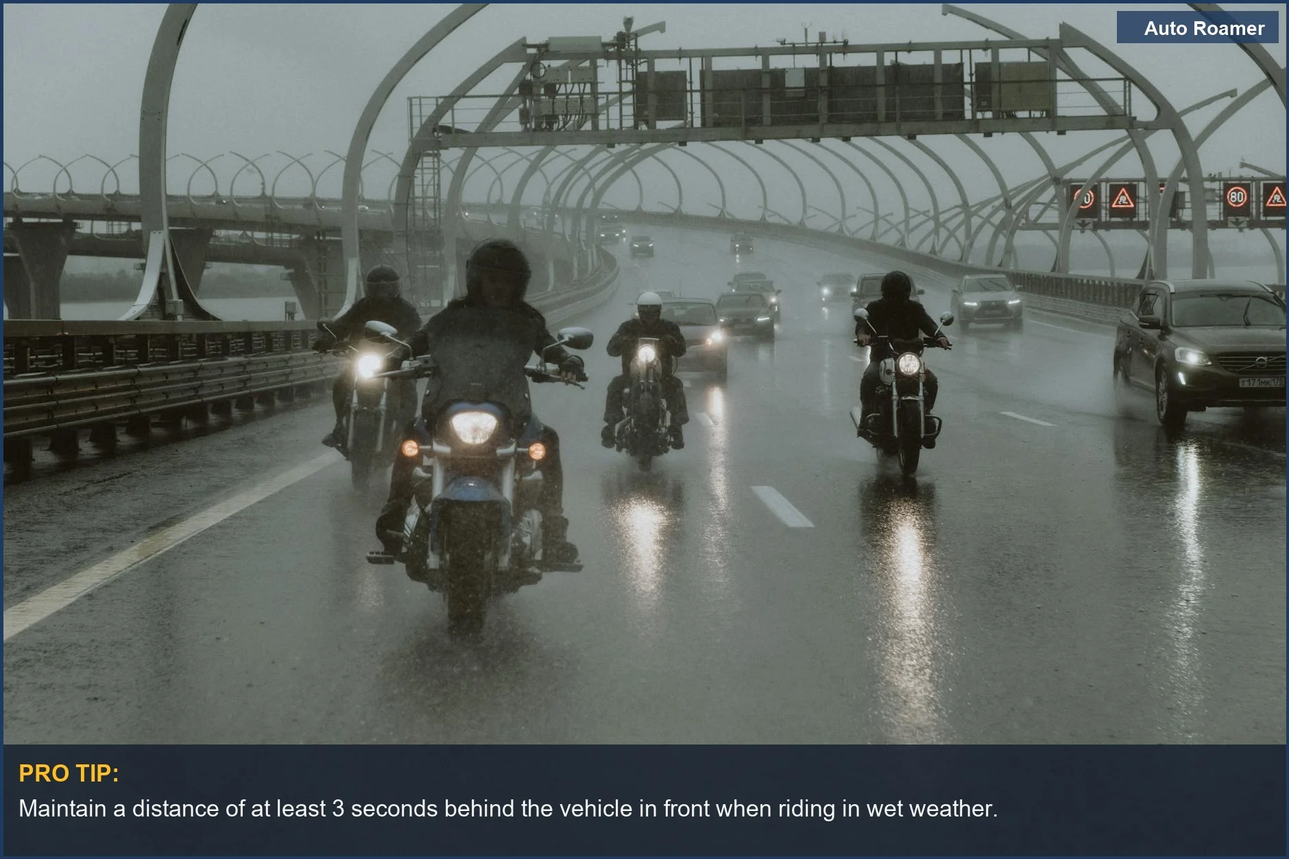 Motorcyclists riding through rain on a modern city highway, emphasizing hydroplaning risks.