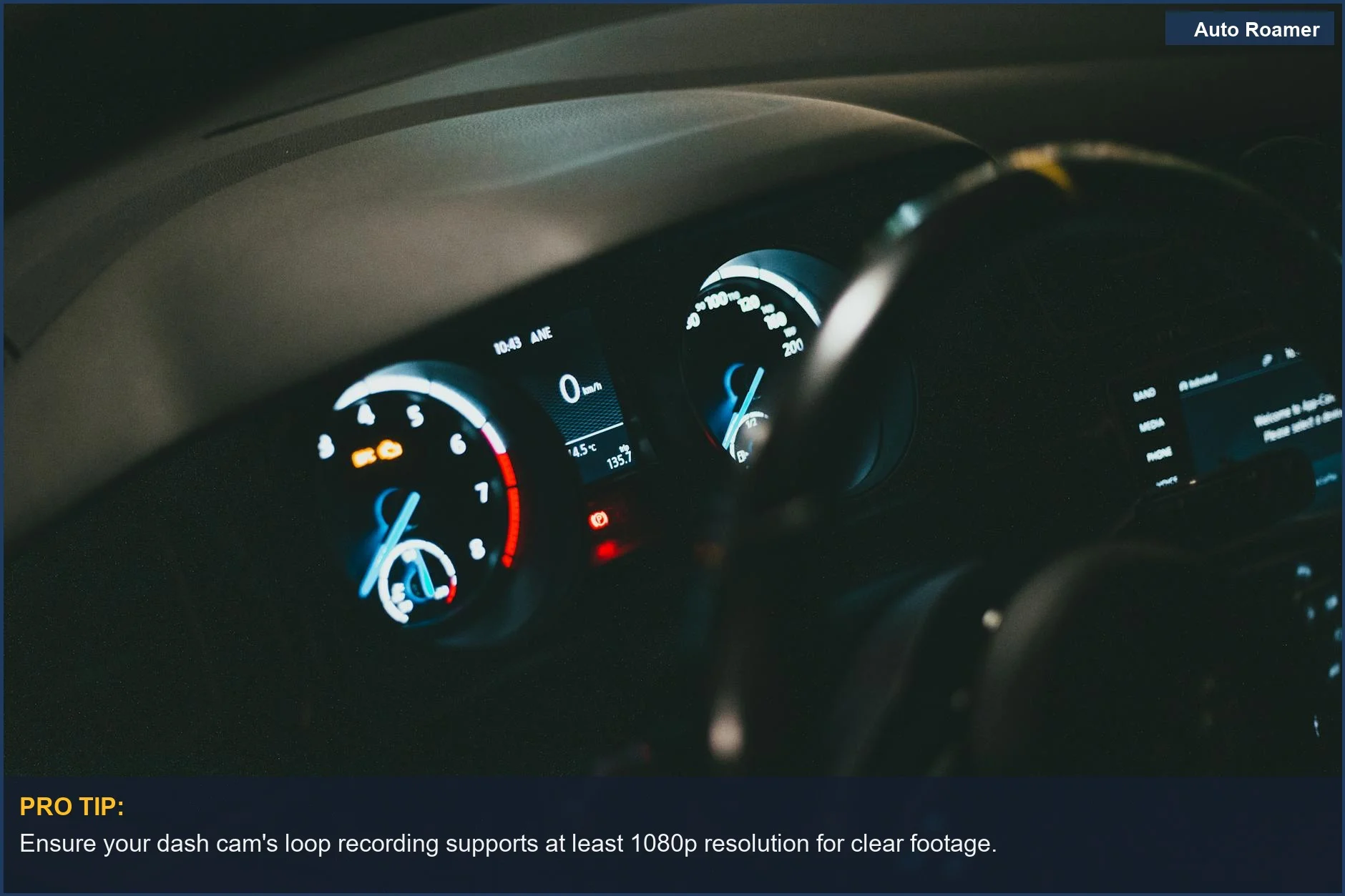 Illuminated car dashboard with visible speedometer and odometer, demonstrating how dash cams save footage.