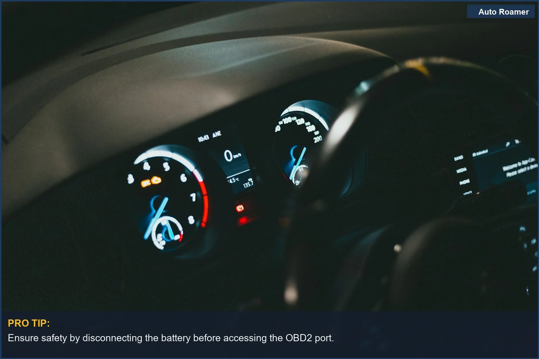 Illuminated car dashboard showing speedometer and odometer readings.
