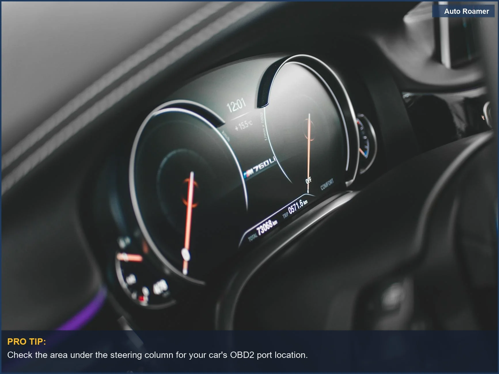 Close-up of a modern car dashboard showcasing a speedometer and tachometer.