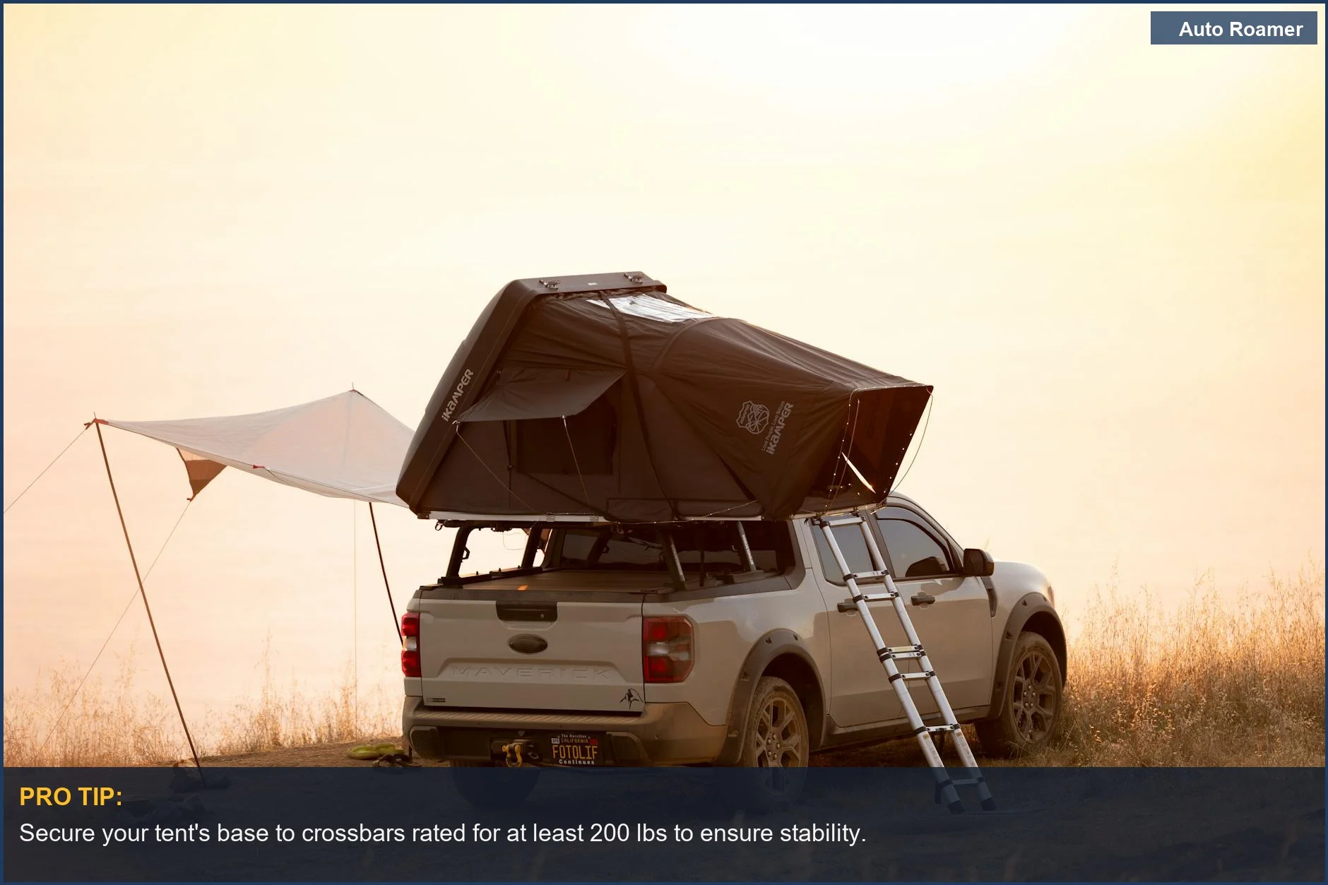 Pickup truck with a roof top tent set up at sunset, showcasing RTT basics for camping.