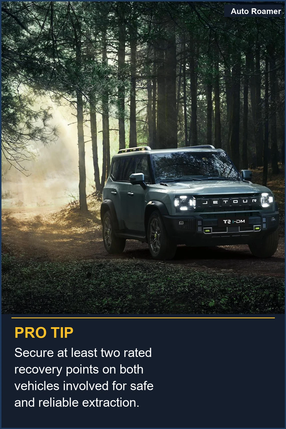 Secure at least two rated recovery points on both vehicles involved for safe and reliable extraction.