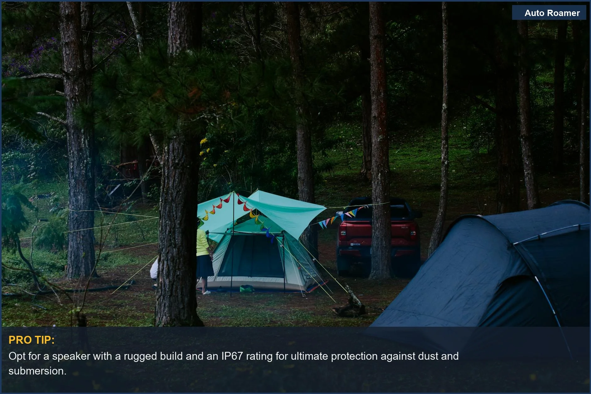 Peaceful forest camping scene with tents and a vehicle, great for car camping audio.