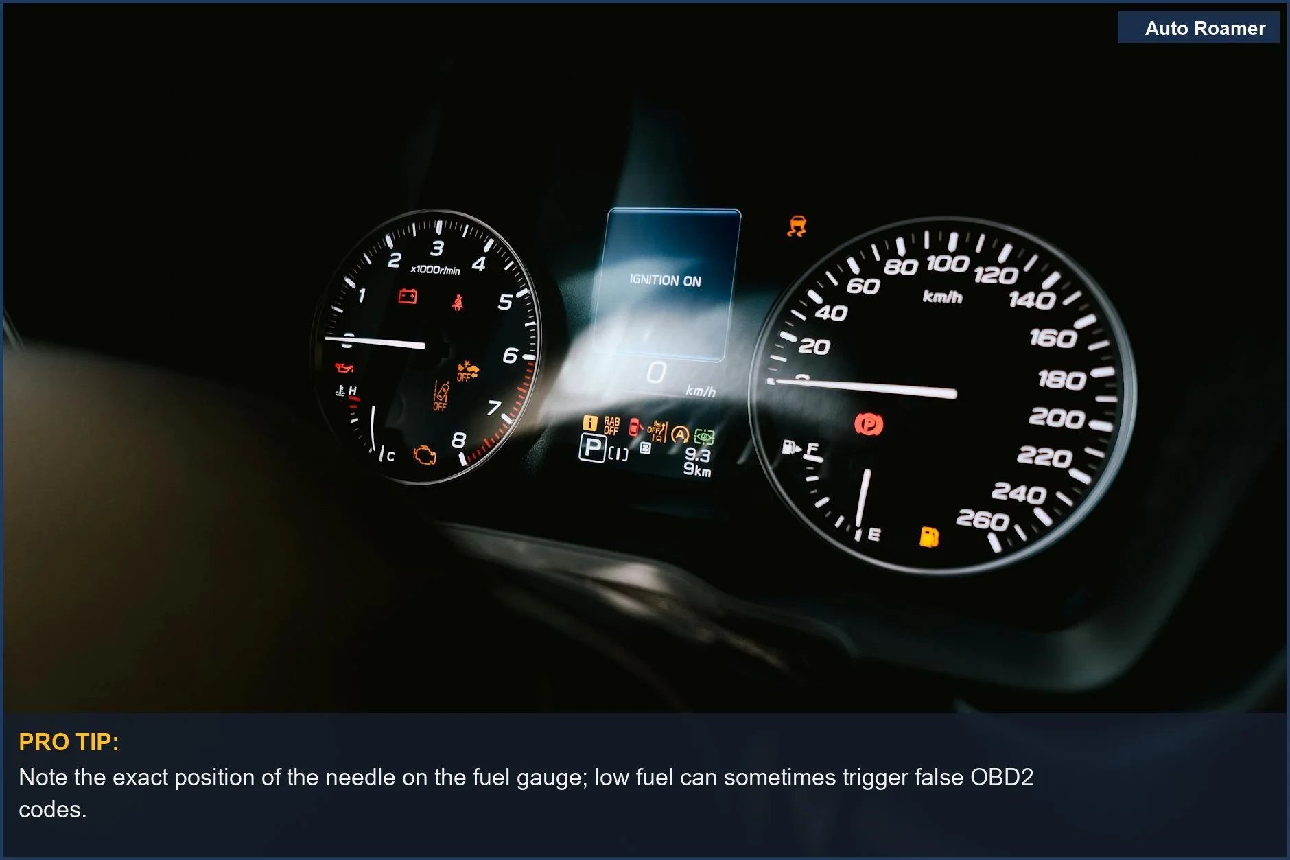 Ignition on view of a car dashboard with speedometer, tachometer, and warning lights for OBD2 code understanding.