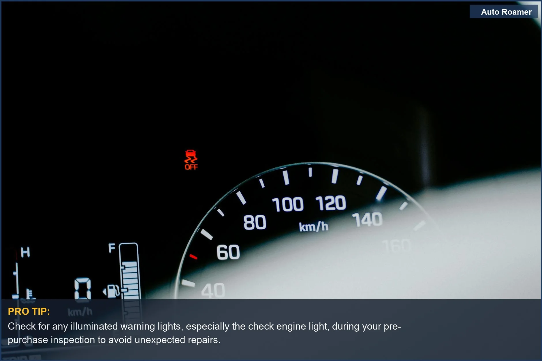 Detailed view of a car speedometer showing a digital reading and a lit warning light for pre-purchase inspections.