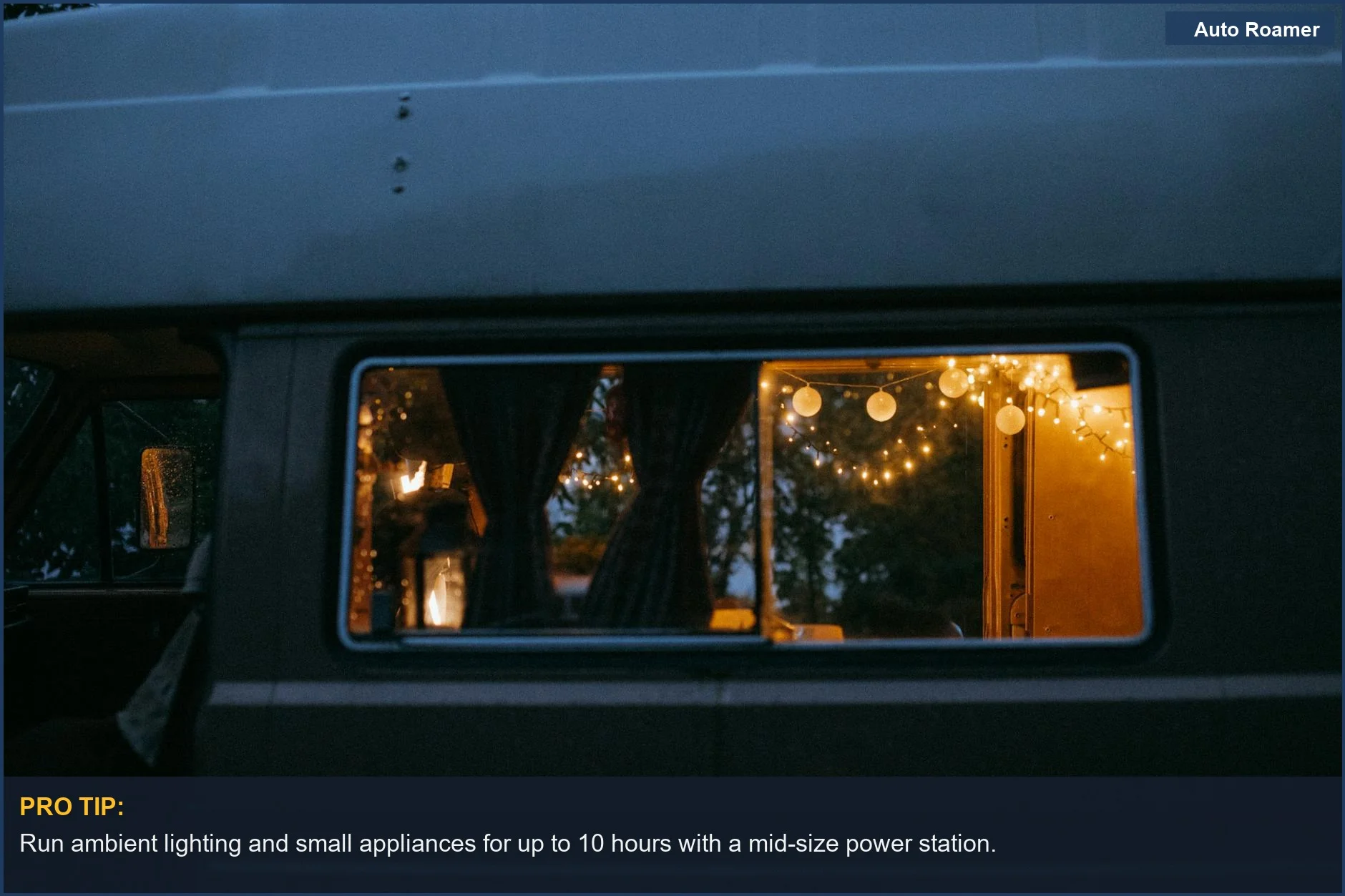Cozy camper van interior with glowing string lights at dusk, showcasing EcoFlow power station uses for comfort.