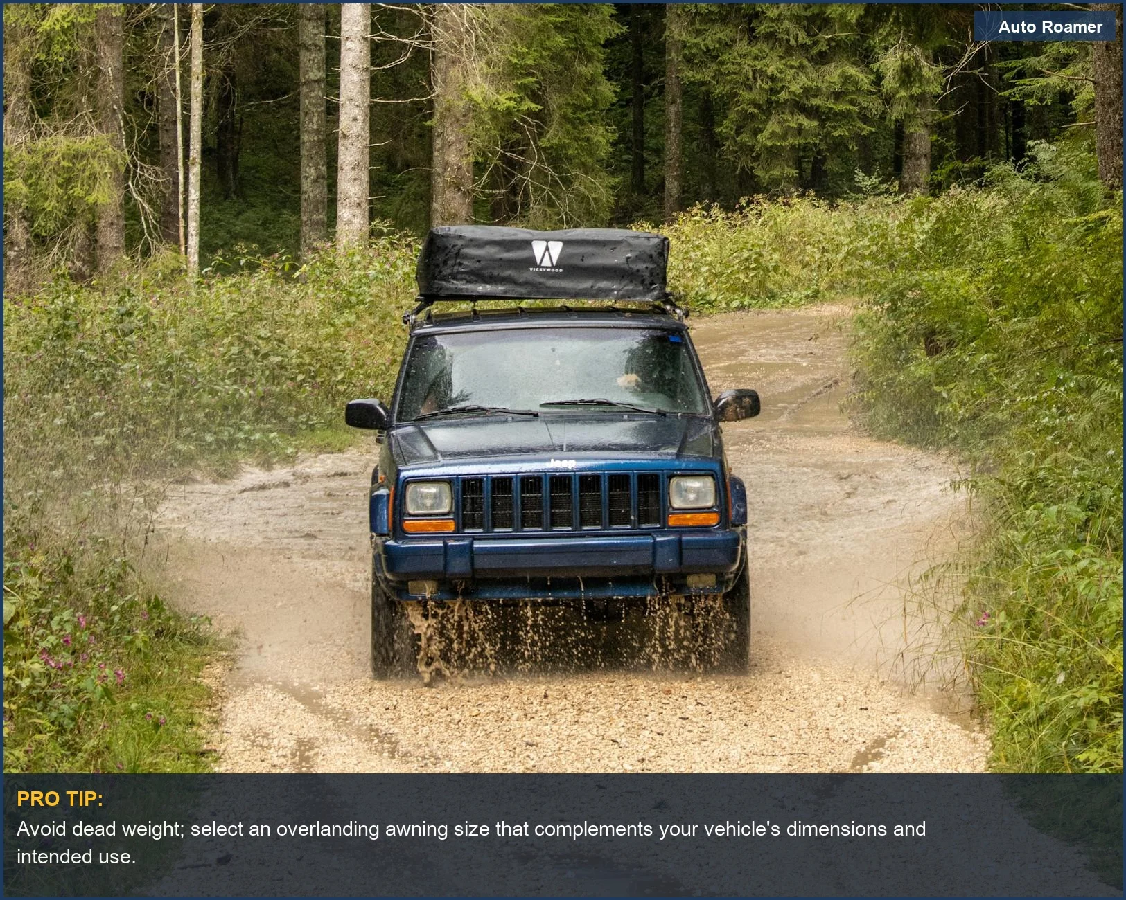 Rugged 4x4 navigating muddy forest trails with a vehicle awning, showcasing adventure and overlanding spirit.