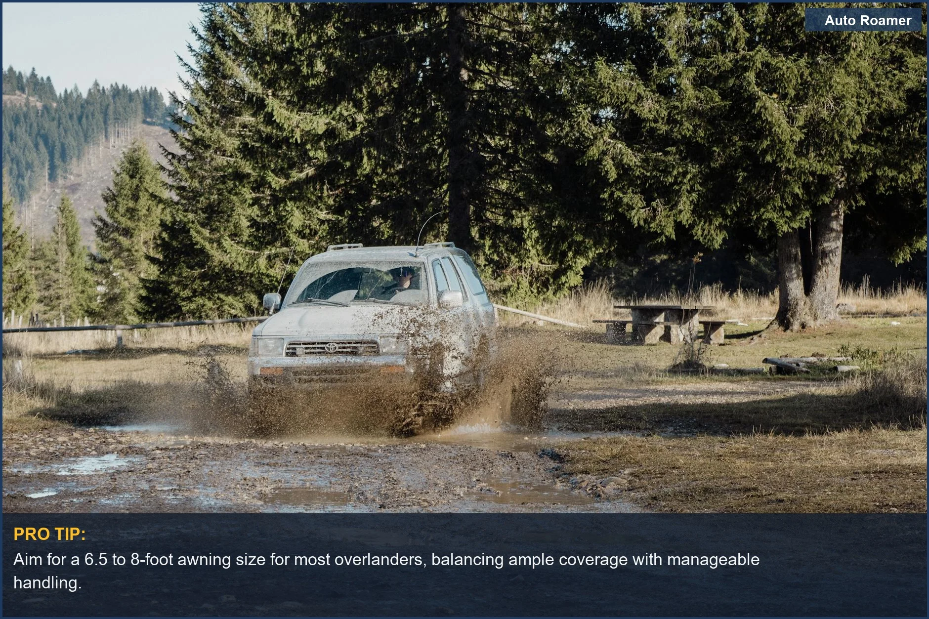 Toyota 4Runner on a muddy off-road trail, illustrating the importance of selecting the right awning size for overlanding.