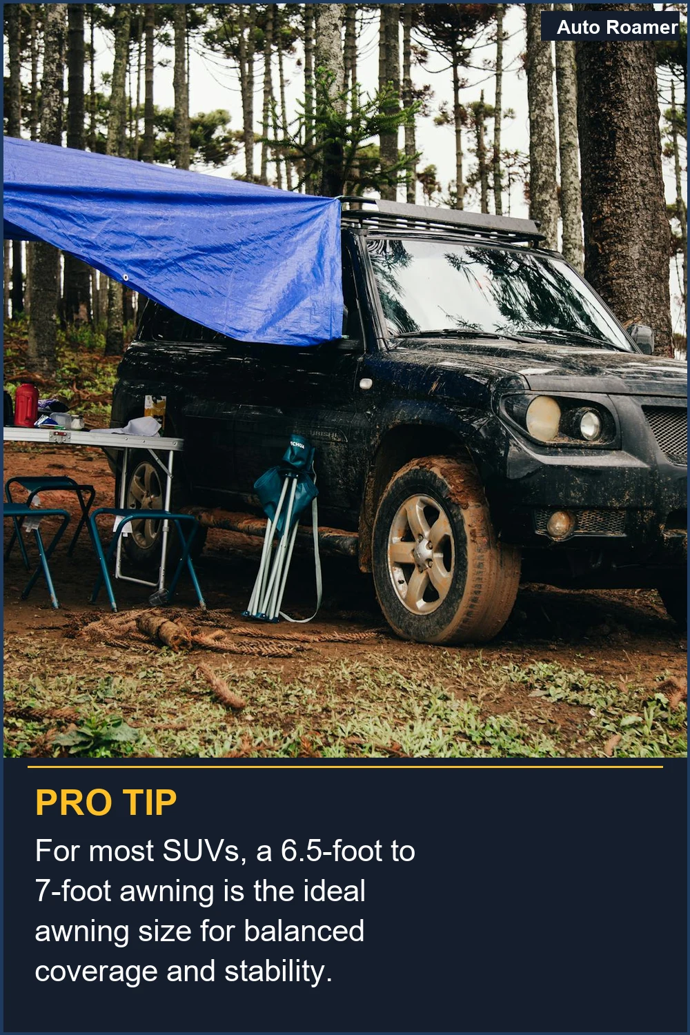 For most SUVs, a 6.5-foot to 7-foot awning is the ideal awning size for balanced coverage and stability.