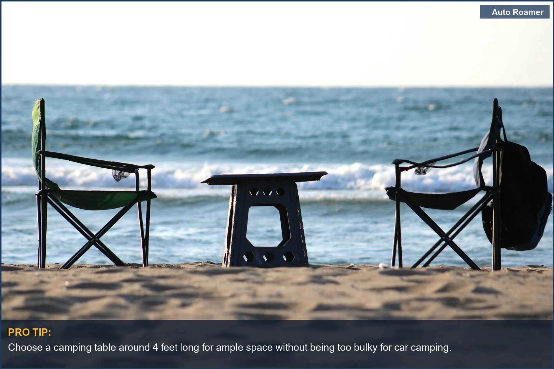 Relaxing car camping table setup on a beach, facing the ocean waves, perfect for enjoying the view.