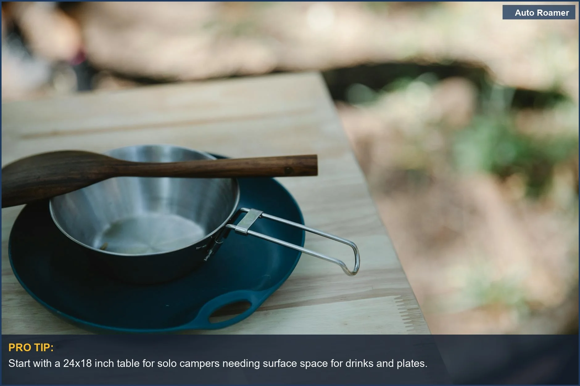 Compact car camping table dimensions showing a small setup for drinks and plates for solo trips.