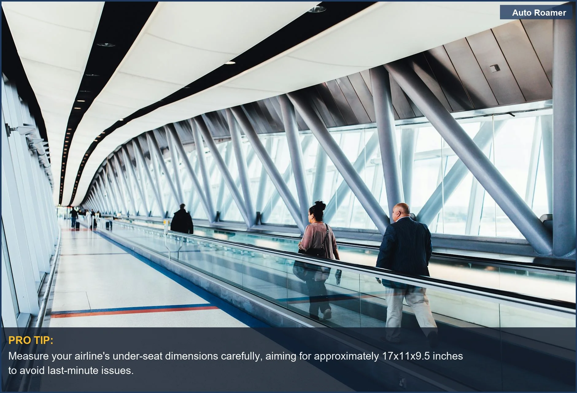 Travelers with a dog carrier walking through a bright modern airport corridor, essential for airline pet carrier sizing.