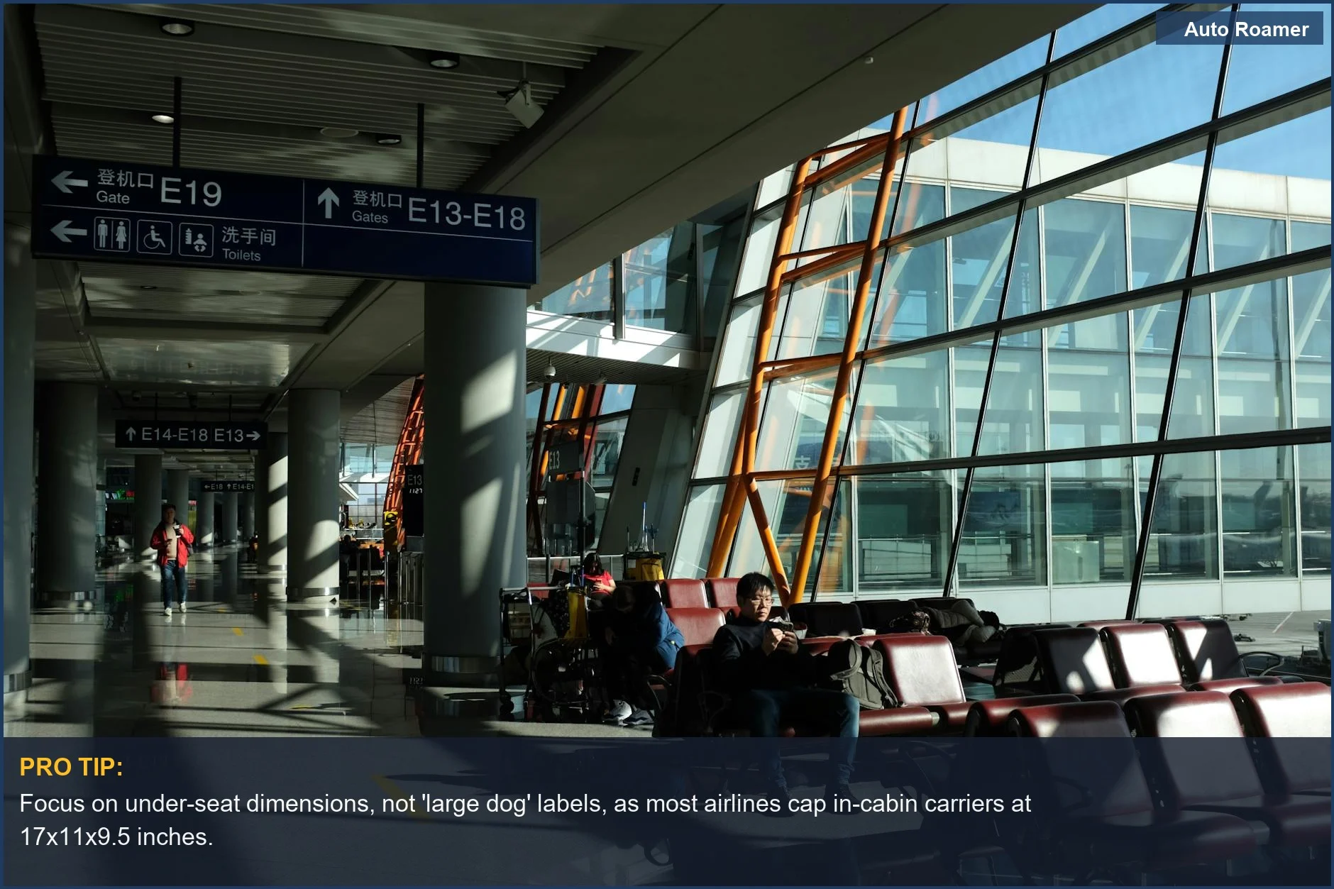 Seated passengers in a bright modern airport terminal, emphasizing the need to know your airline pet carrier size.
