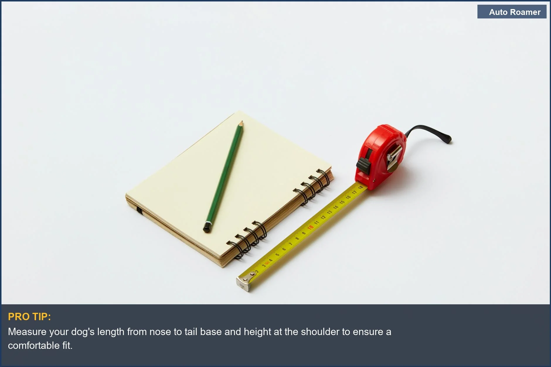 Measuring tape and notebook for determining the correct dog carrier size for your pet.