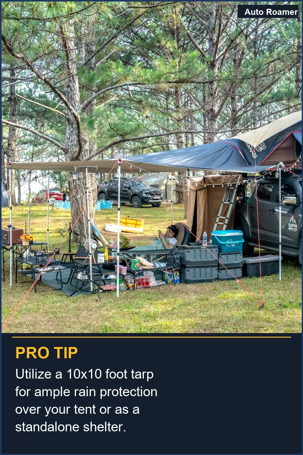 Utilize a 10x10 foot tarp for ample rain protection over your tent or as a standalone shelter.