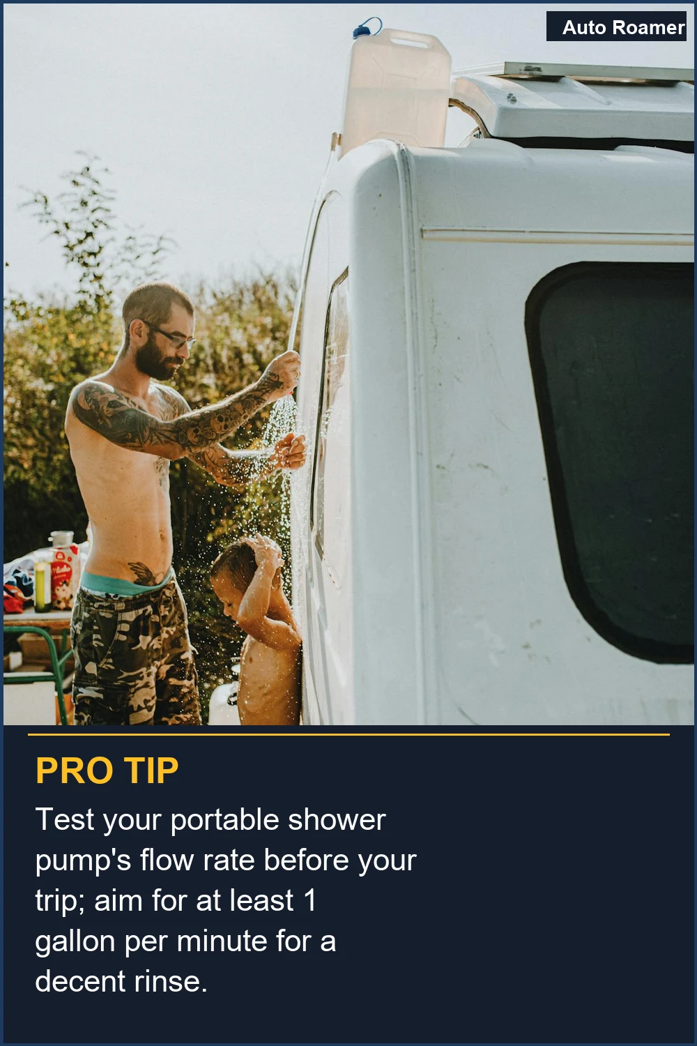 Test your portable shower pump's flow rate before your trip; aim for at least 1 gallon per minute for a decent rinse.