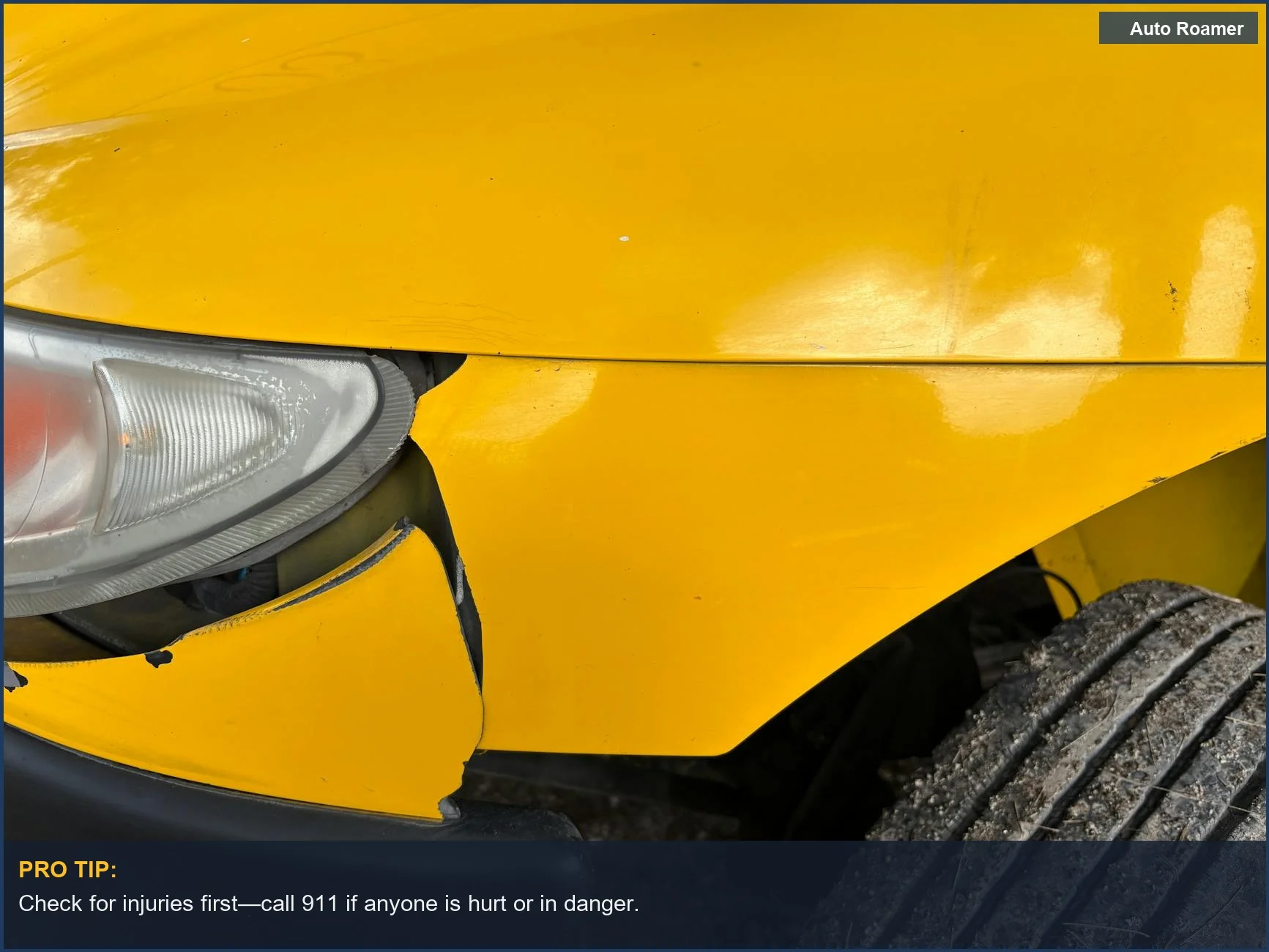 Damaged yellow car front bumper and headlight after an accident, illustrating what to do after a car accident.