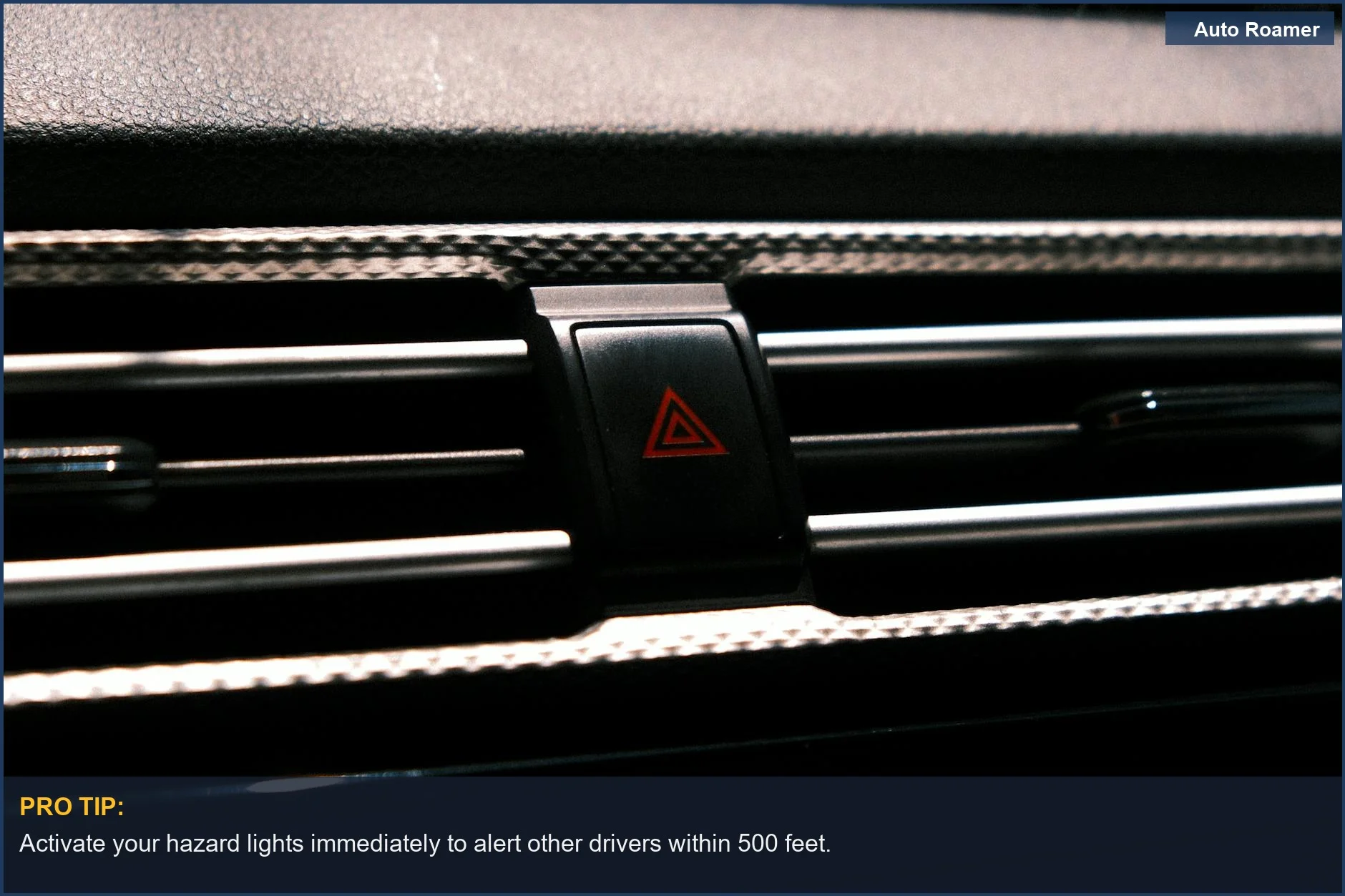 Close-up of a car hazard light button on a dark dashboard, crucial for signaling.