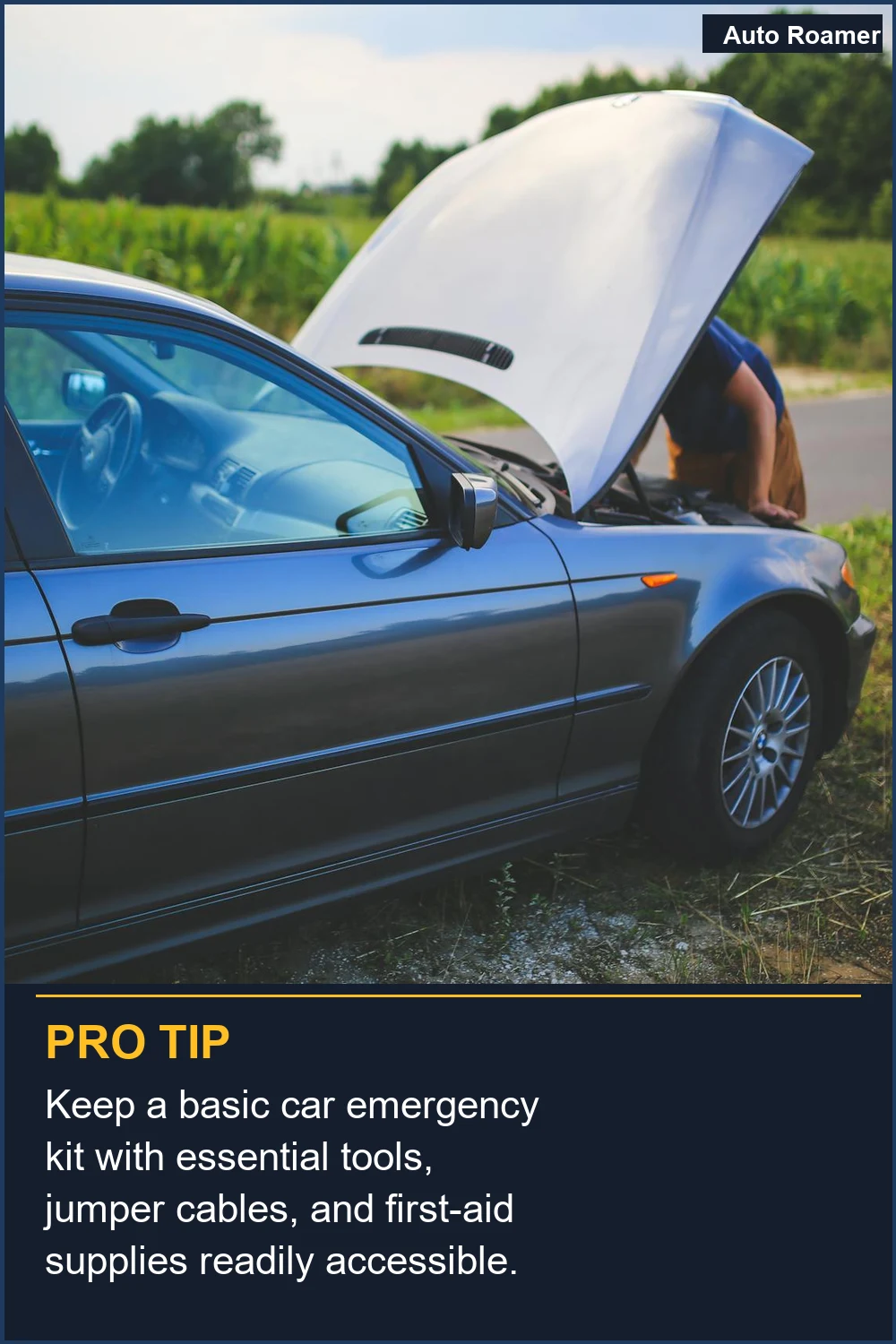 Keep a basic car emergency kit with essential tools, jumper cables, and first-aid supplies readily accessible.