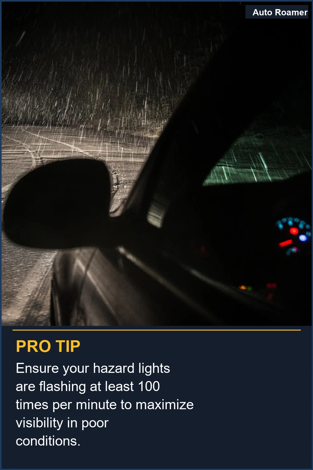 Ensure your hazard lights are flashing at least 100 times per minute to maximize visibility in poor conditions.