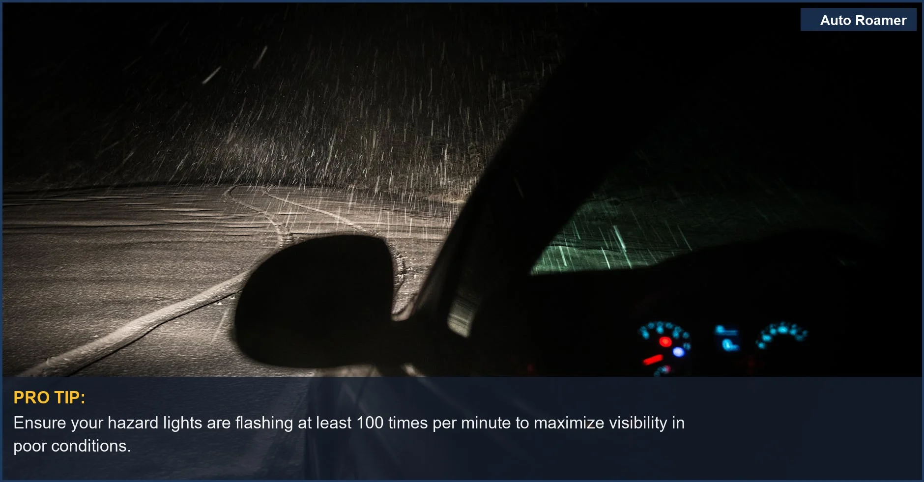 Car driving through a snowstorm at night, with dashboard lights visible, illustrating a challenging road trip situation.
