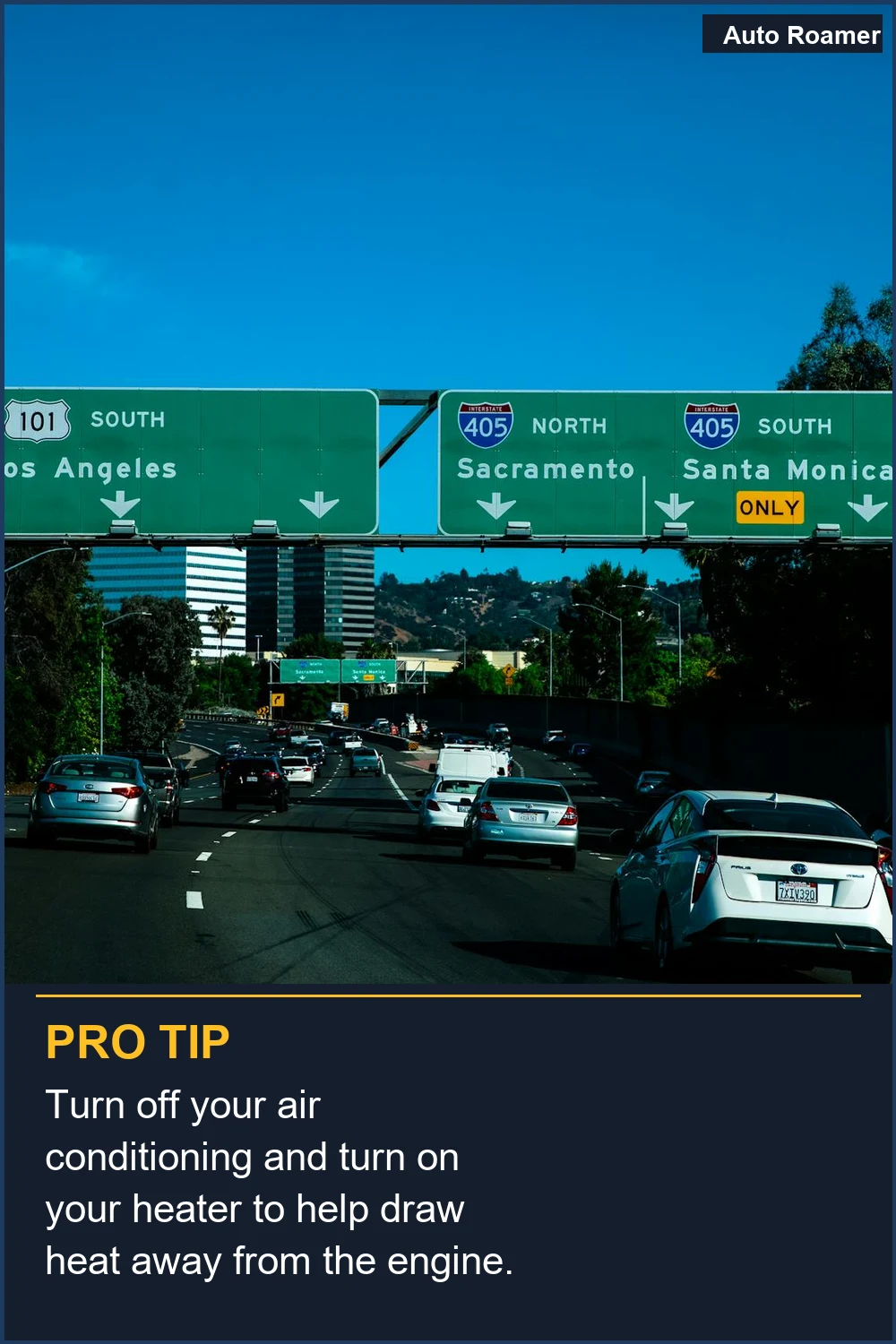 Turn off your air conditioning and turn on your heater to help draw heat away from the engine.
