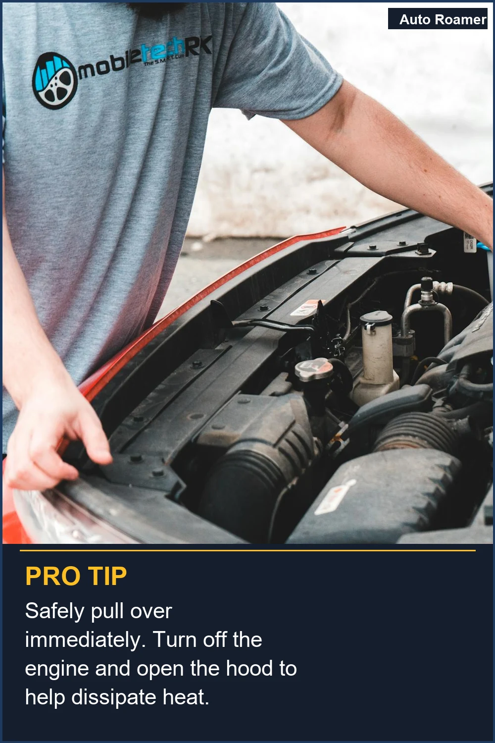 Safely pull over immediately. Turn off the engine and open the hood to help dissipate heat.