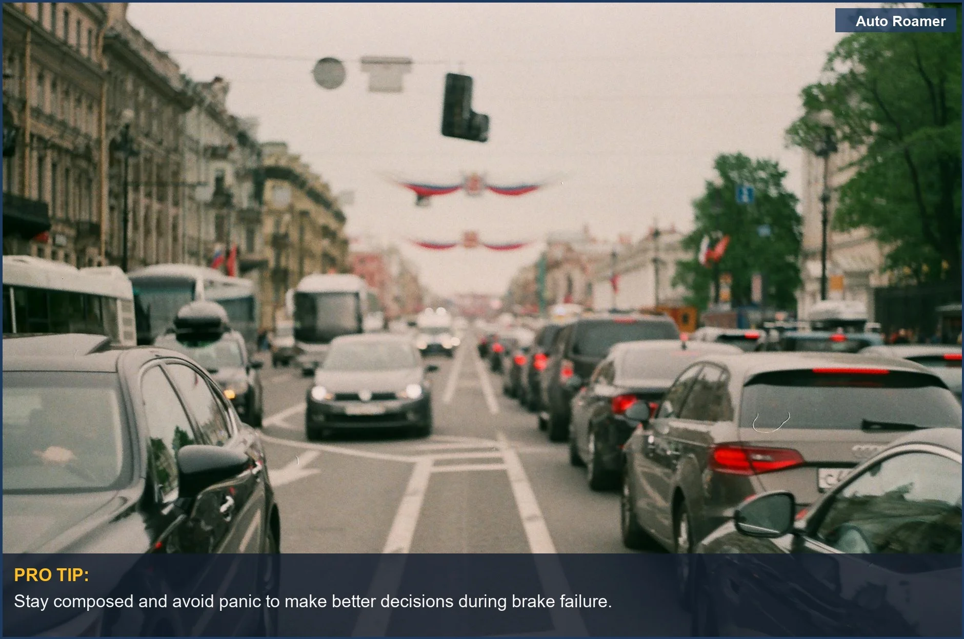Bustling city center traffic jam demonstrating brake failure risks in high congestion areas.