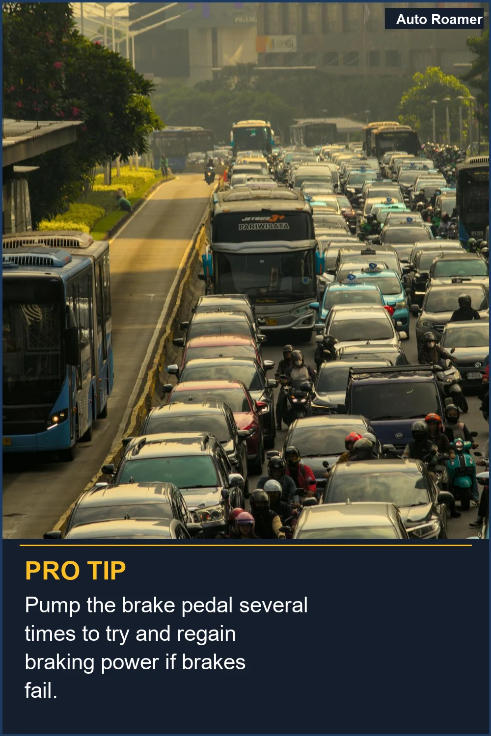 Pump the brake pedal several times to try and regain braking power if brakes fail.