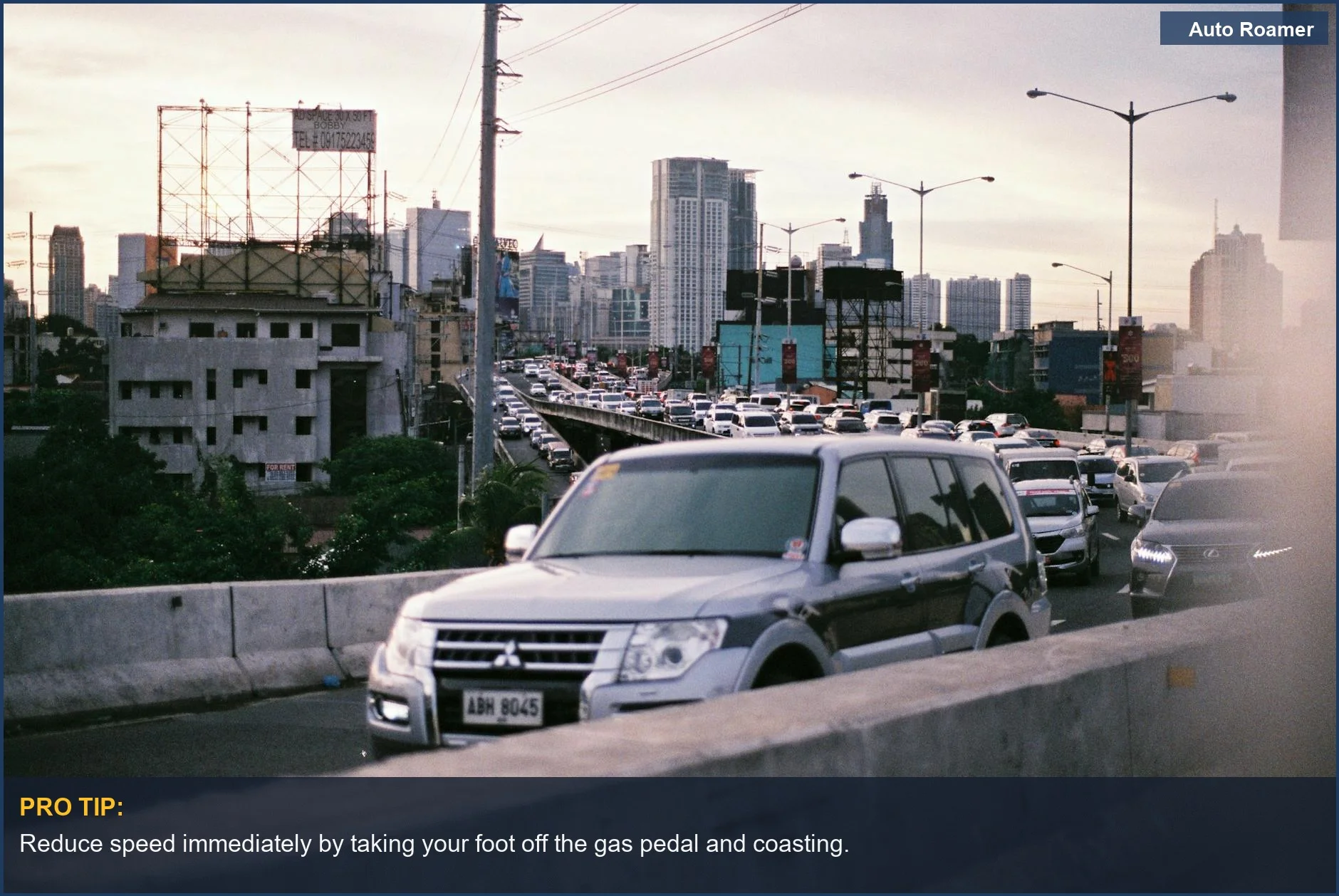 Urban highway traffic at dusk indicating potential brake failure scenarios while driving.