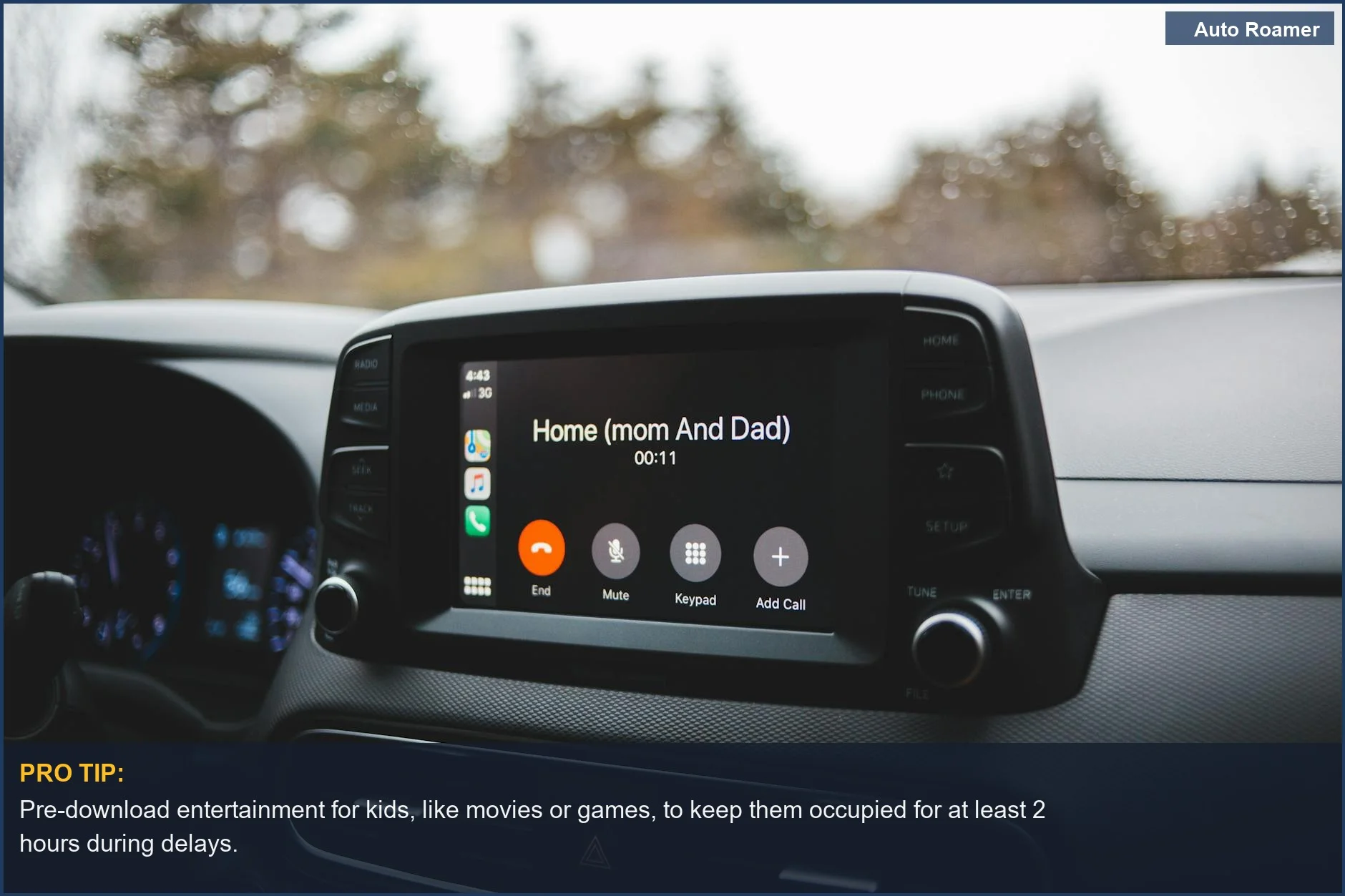Car's multimedia system shows hand-free call, a solution for breakdown with kids on road trip.