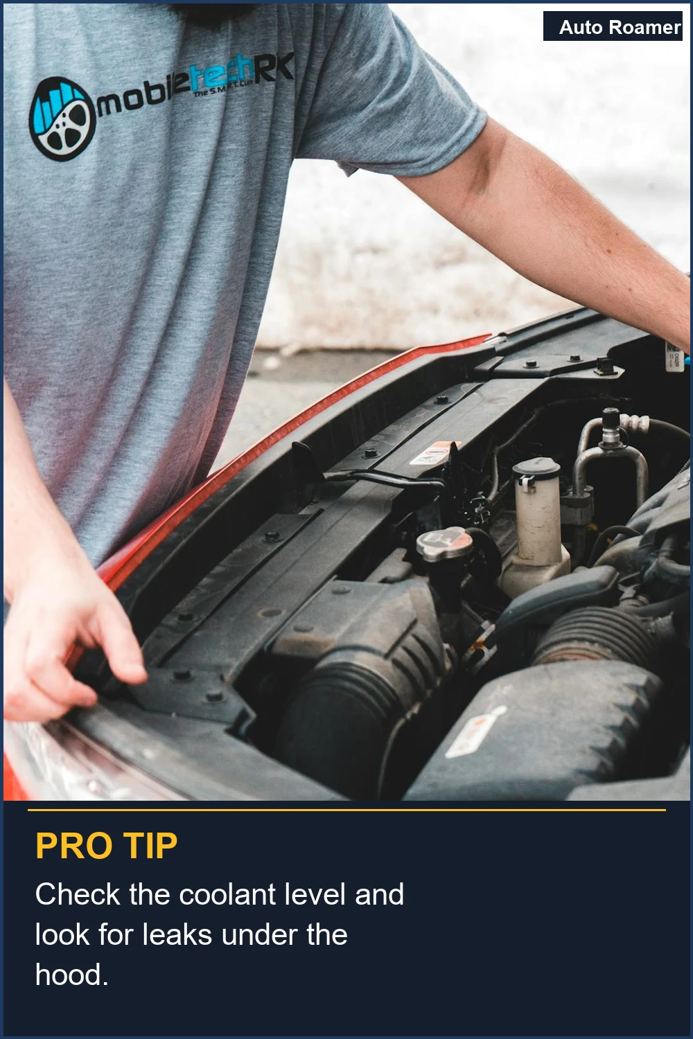 Check the coolant level and look for leaks under the hood.