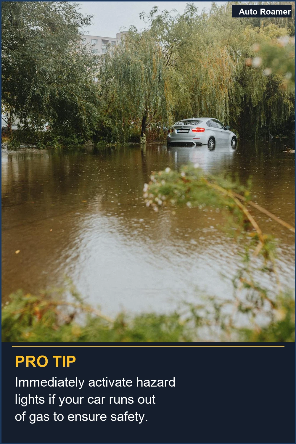 Immediately activate hazard lights if your car runs out of gas to ensure safety.